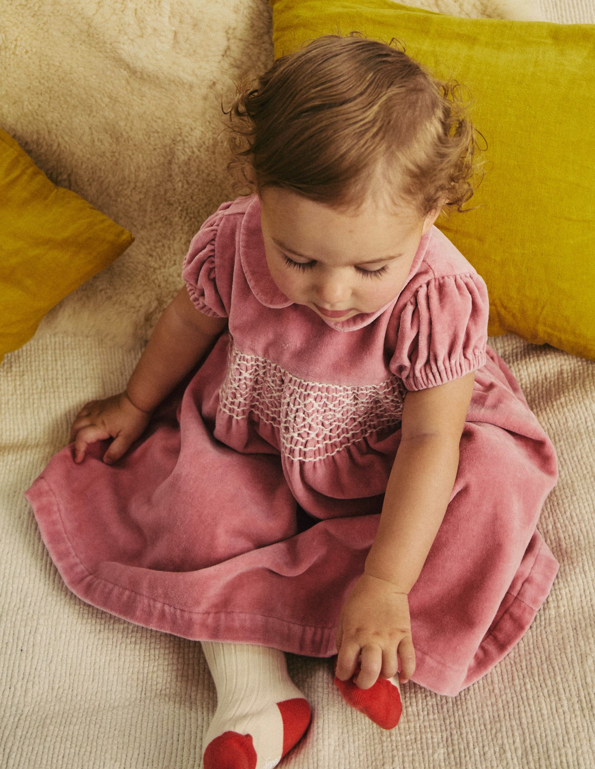 Velvet Smocked Dress-Almond Pink-4