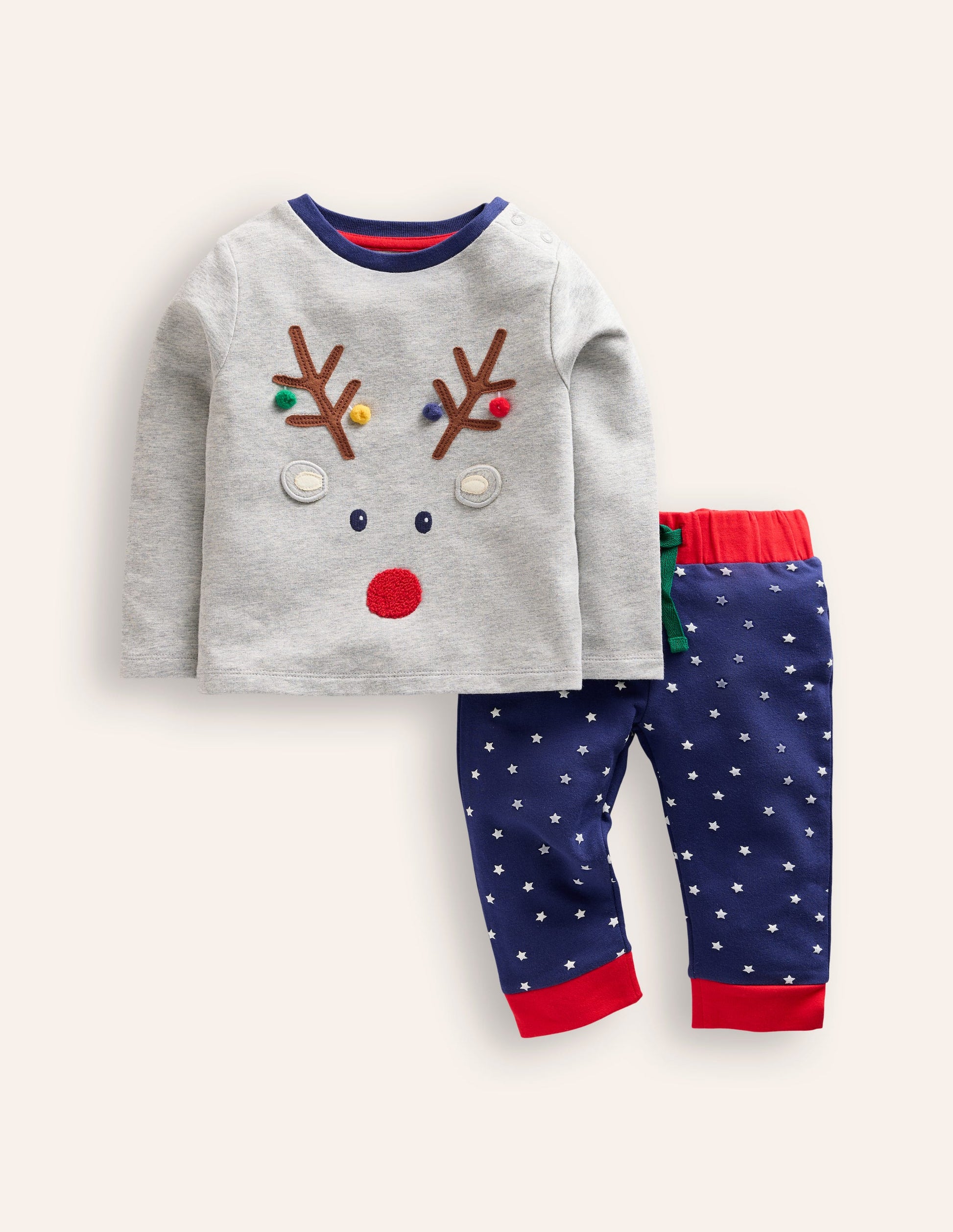 Jersey Top and Trousers Set-Grey Marl Reindeer-1