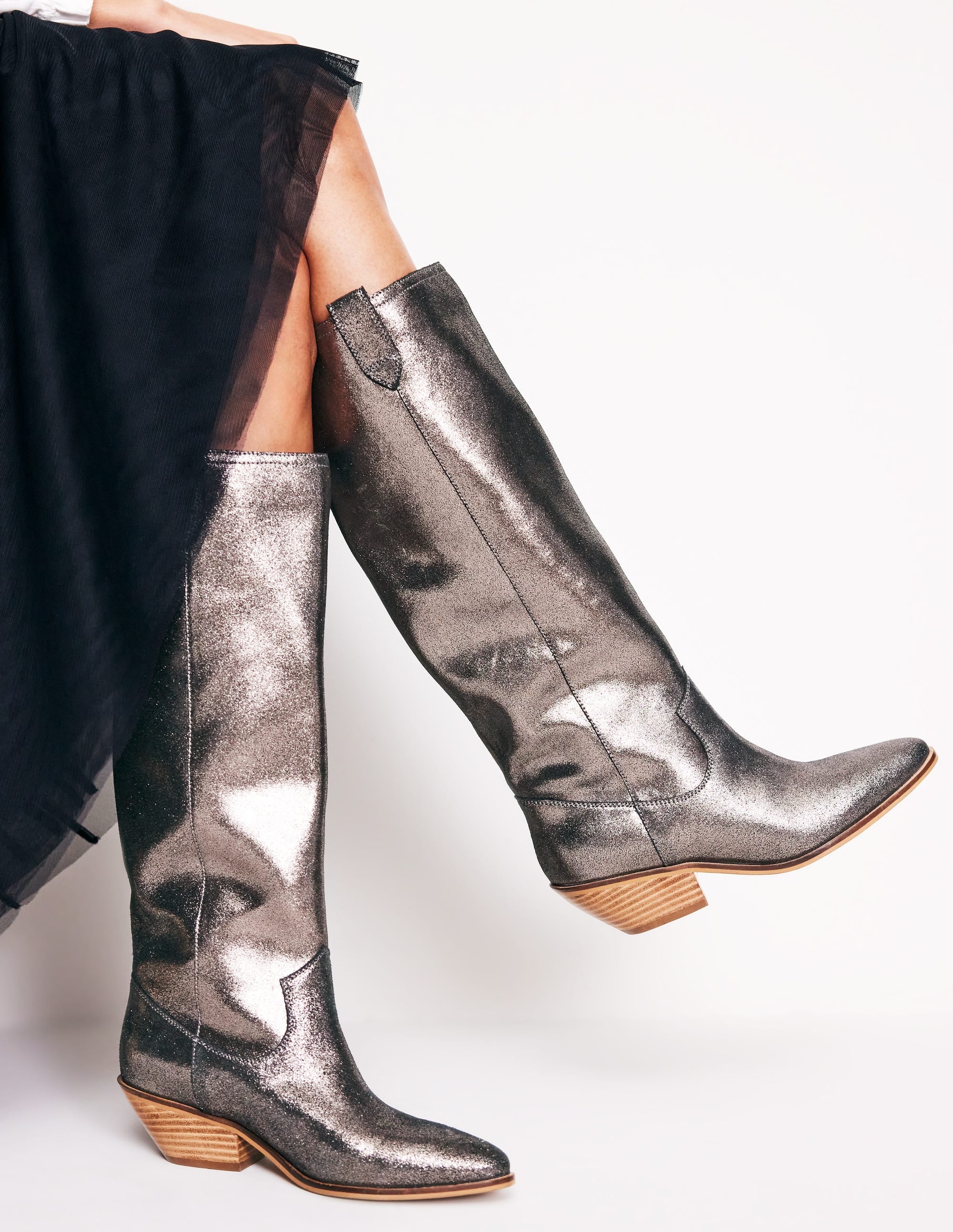 Western Knee High Boots-Silver - Image 1