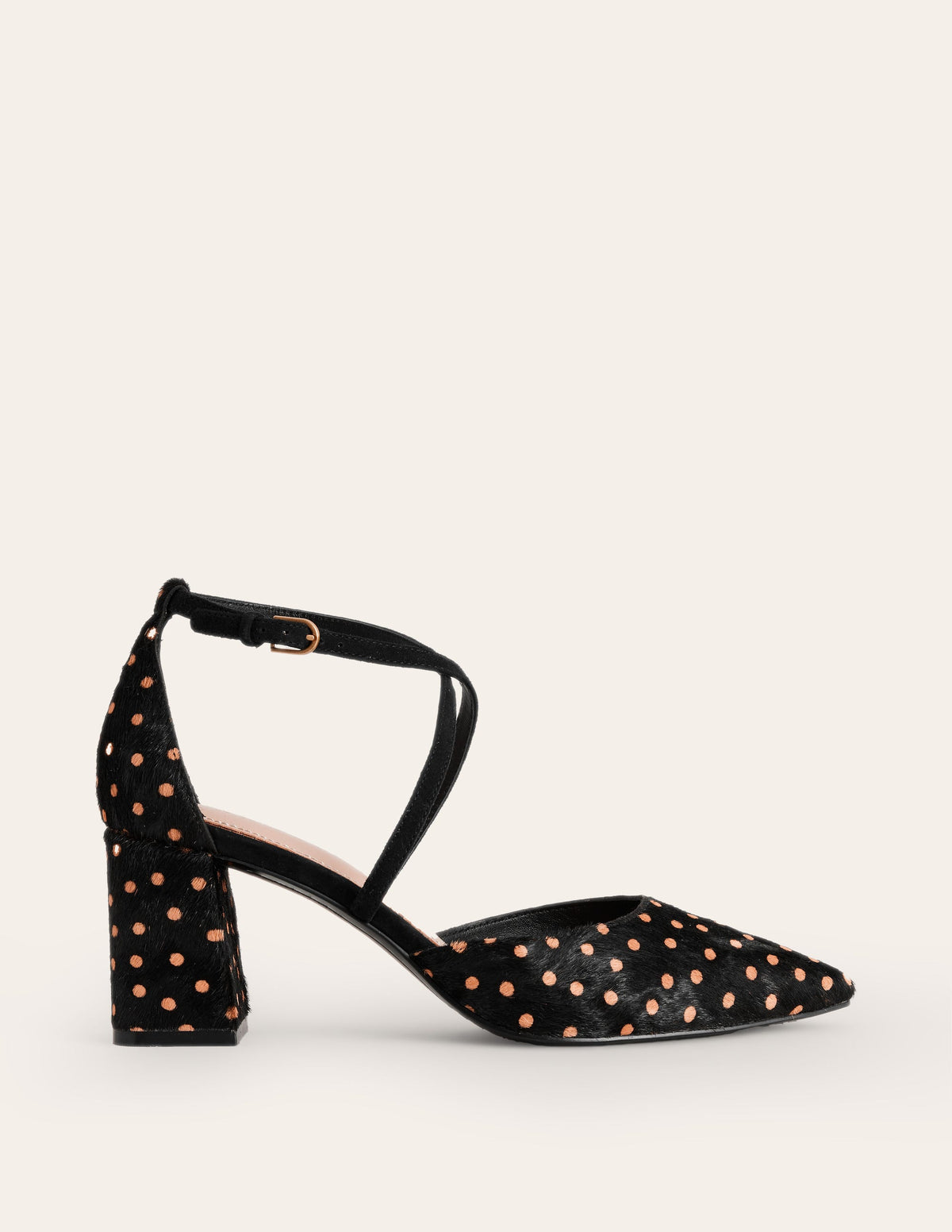 Strap Block Heel Point Courts-Black and Camel Spot - Image 2
