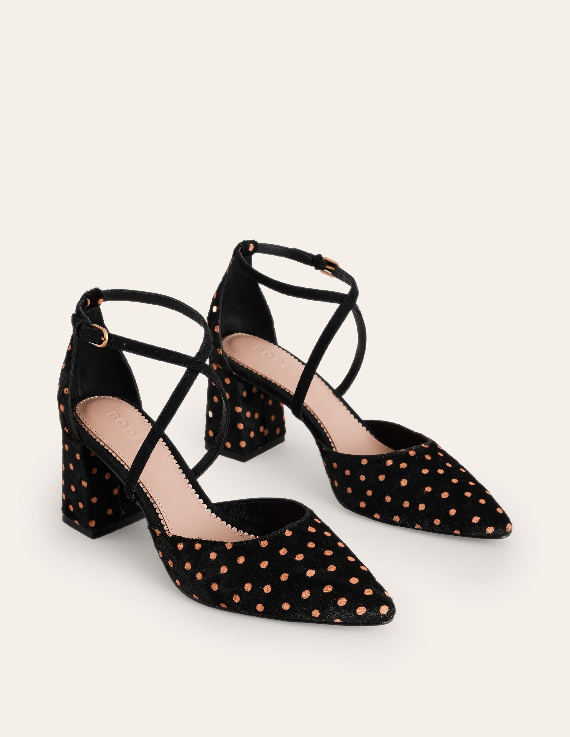 Strap Block Heel Point Courts-Black and Camel Spot - Image 3
