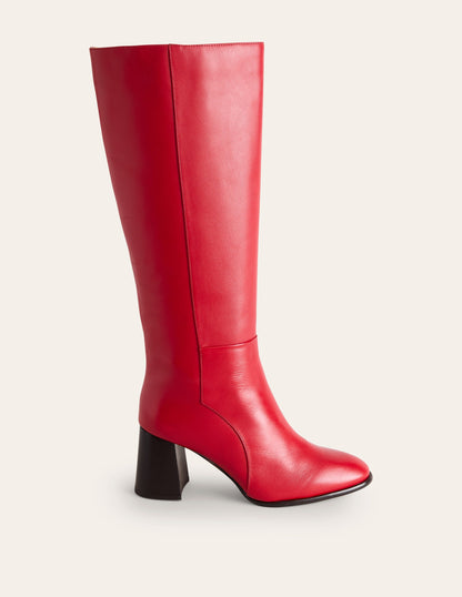 Heeled Leather Knee Boots-Red-2