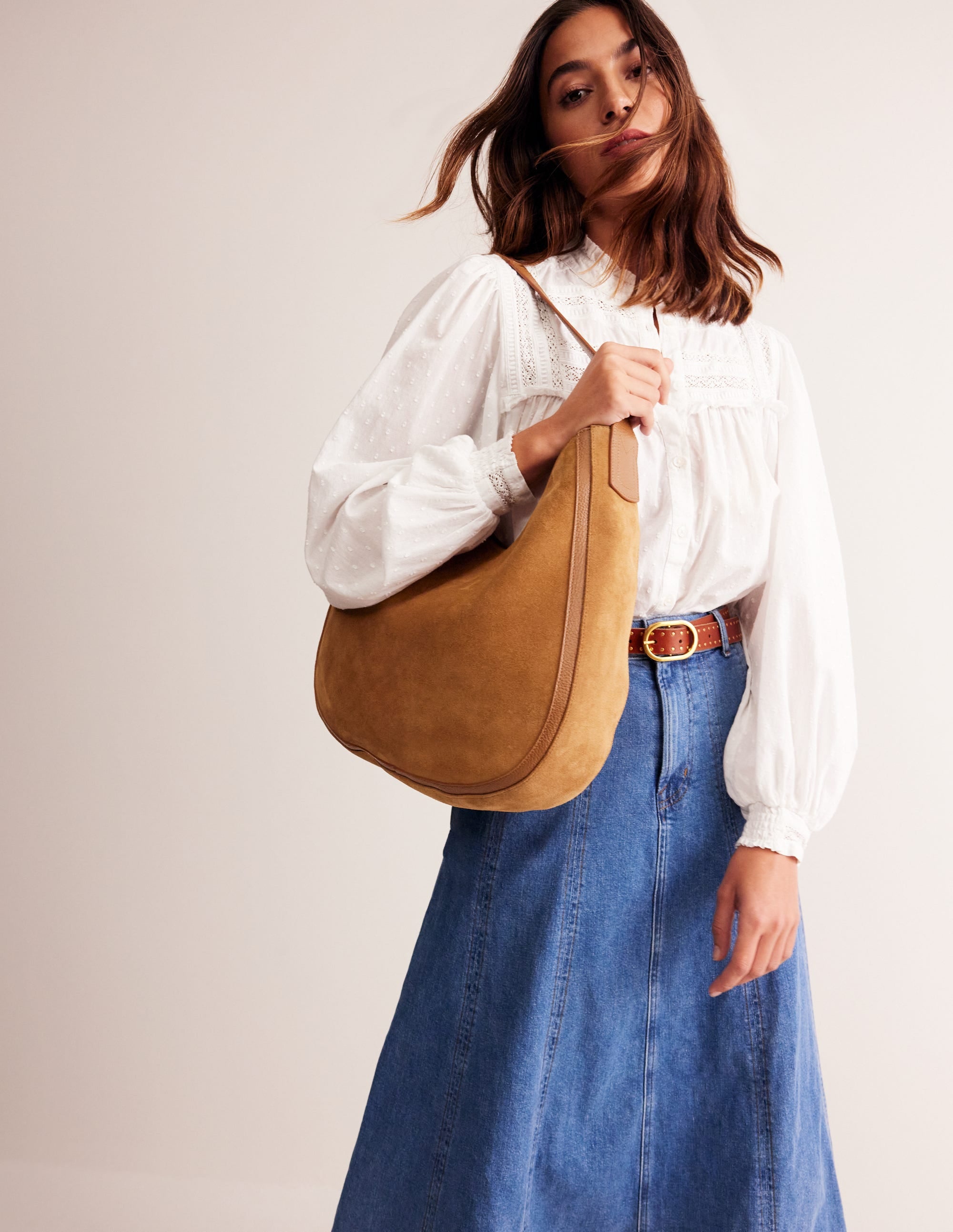 Suede Hobo Bag-Tan - Image 2