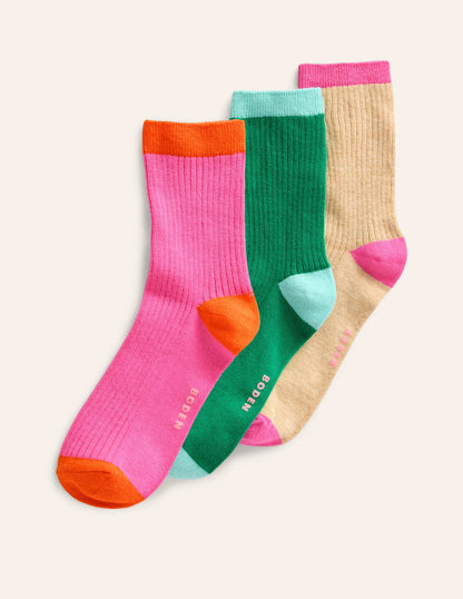 3 Pack Ribbed Ankle Socks-Colour Block-3