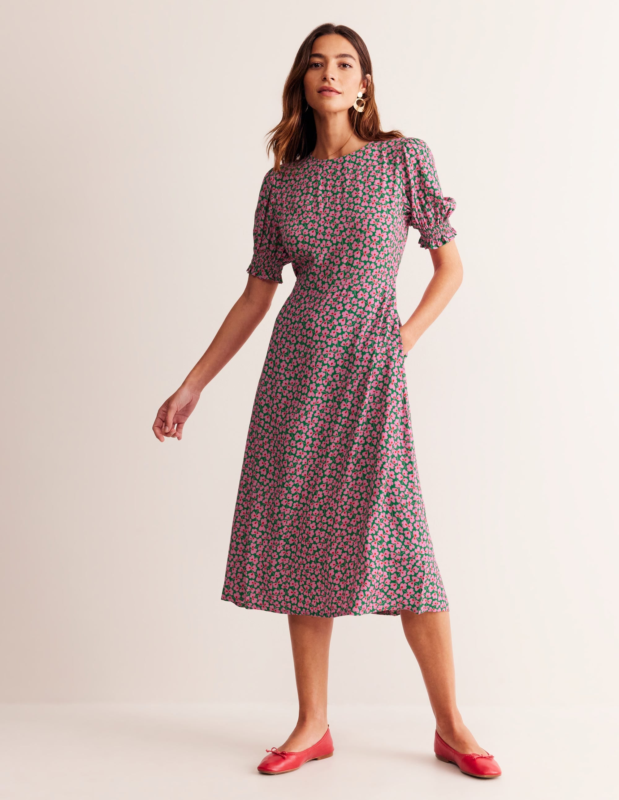 Corinne Midi Tea Dress-Mauve and Green, Clover Whirl - Image 1