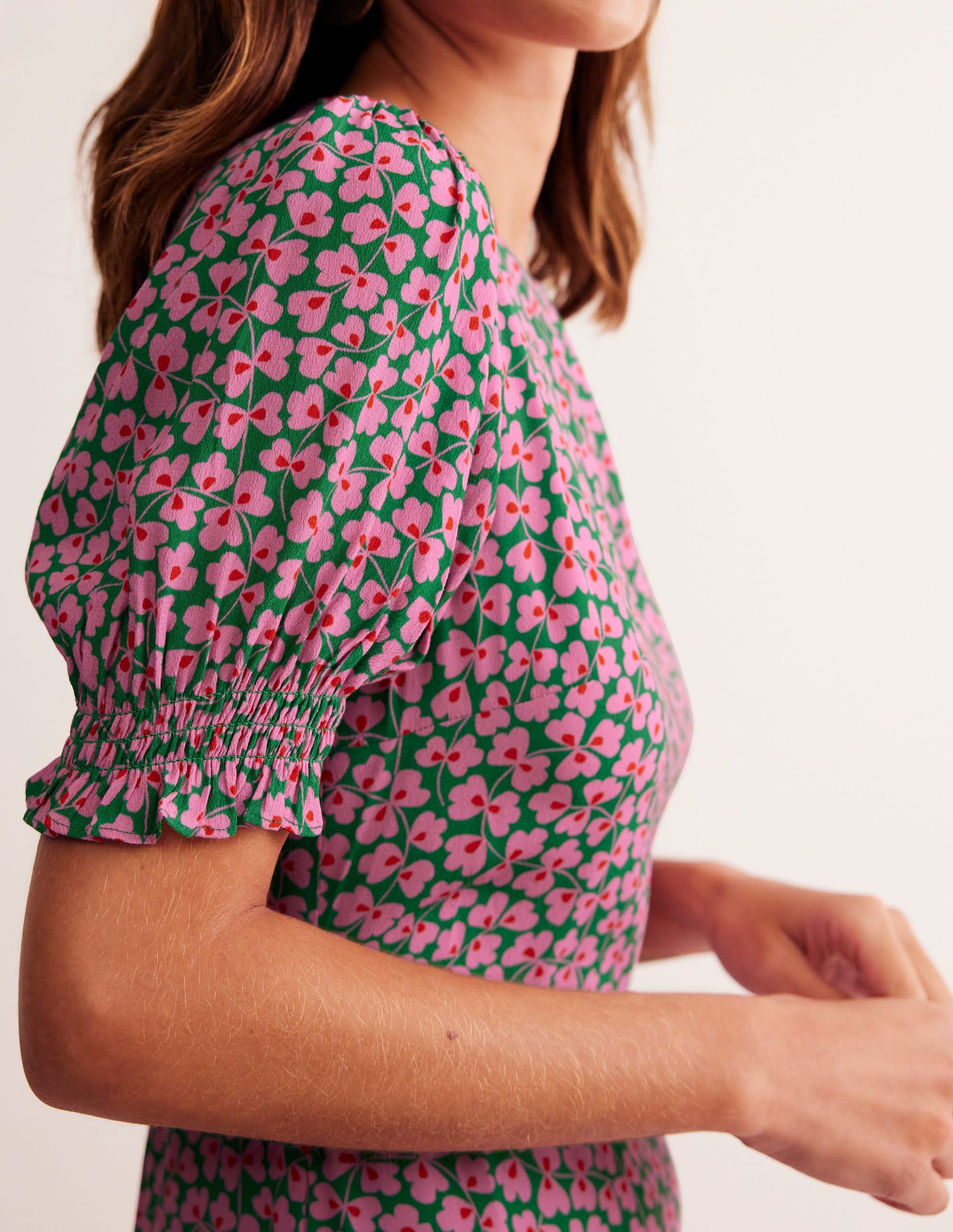 Corinne Midi Tea Dress-Mauve and Green, Clover Whirl - Image 2