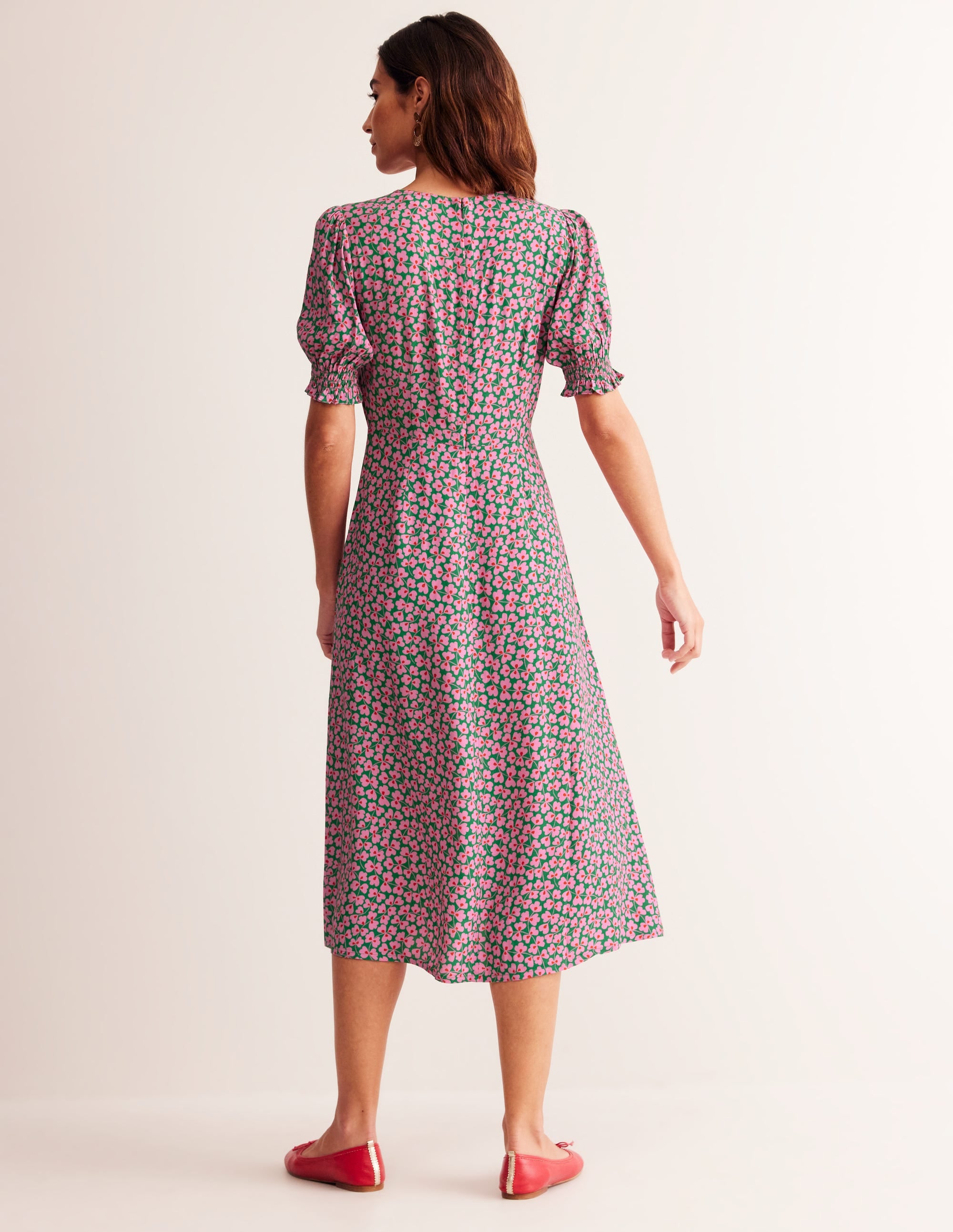 Corinne Midi Tea Dress-Mauve and Green, Clover Whirl - Image 3