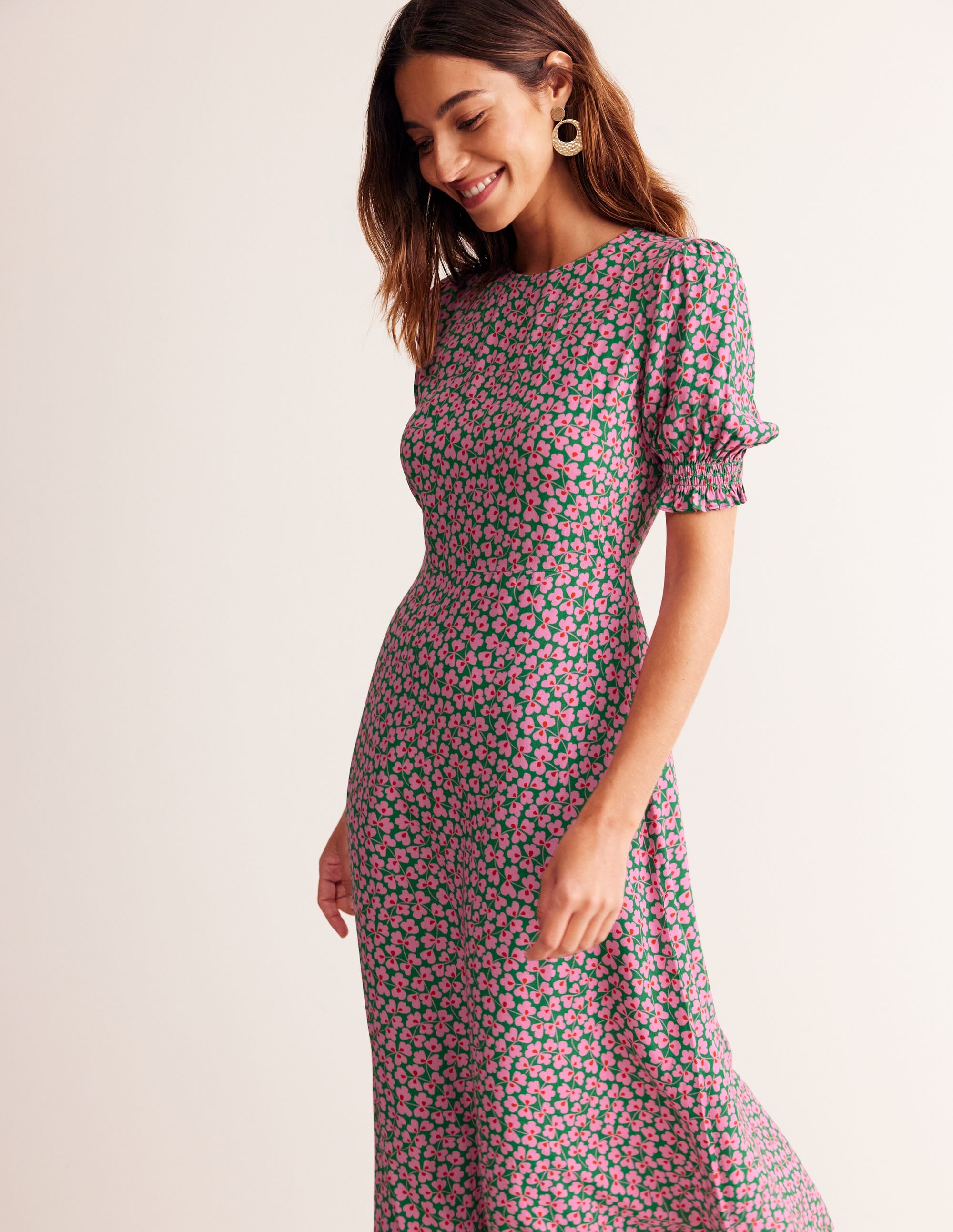 Corinne Midi Tea Dress-Mauve and Green, Clover Whirl - Image 4
