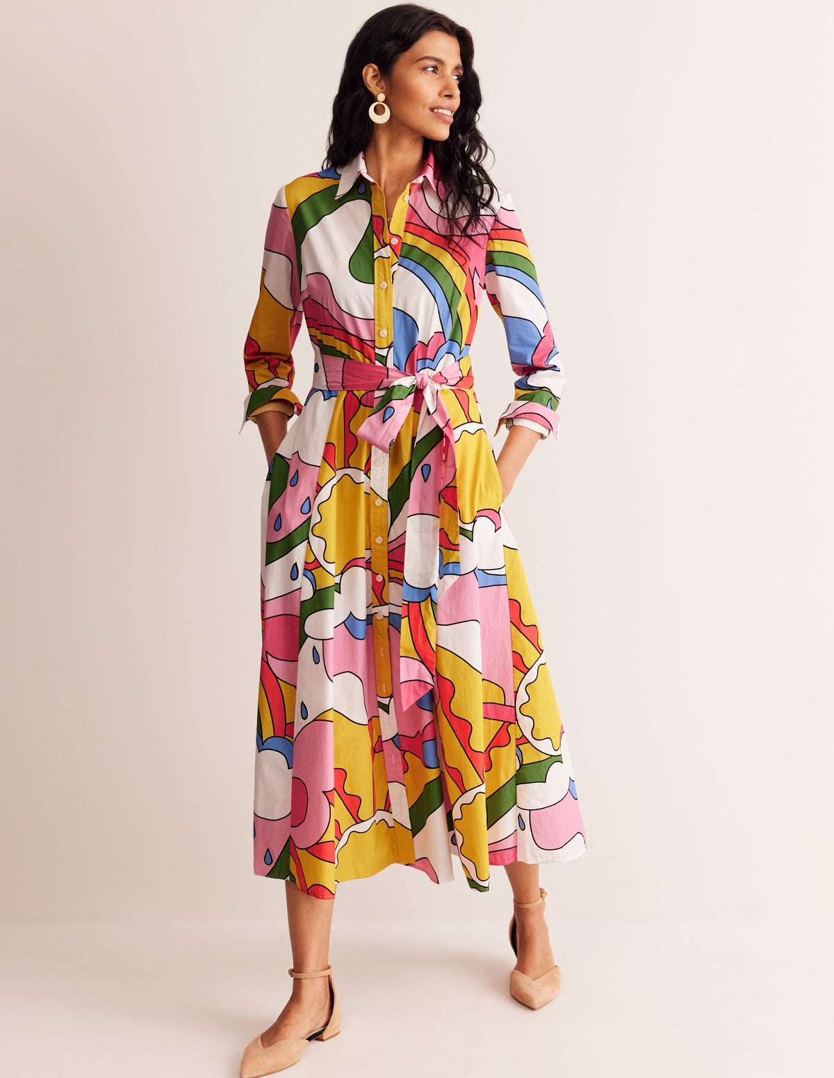 Amy Cotton Midi Shirt Dress-Multi, Sunshine - Image 4