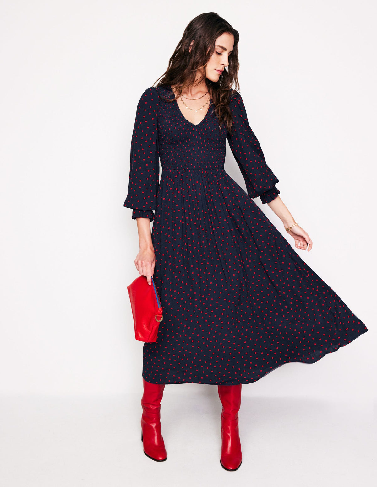 Gemma Smocked Midi Dress-High Risk Red, Abstract Dot - Image 1