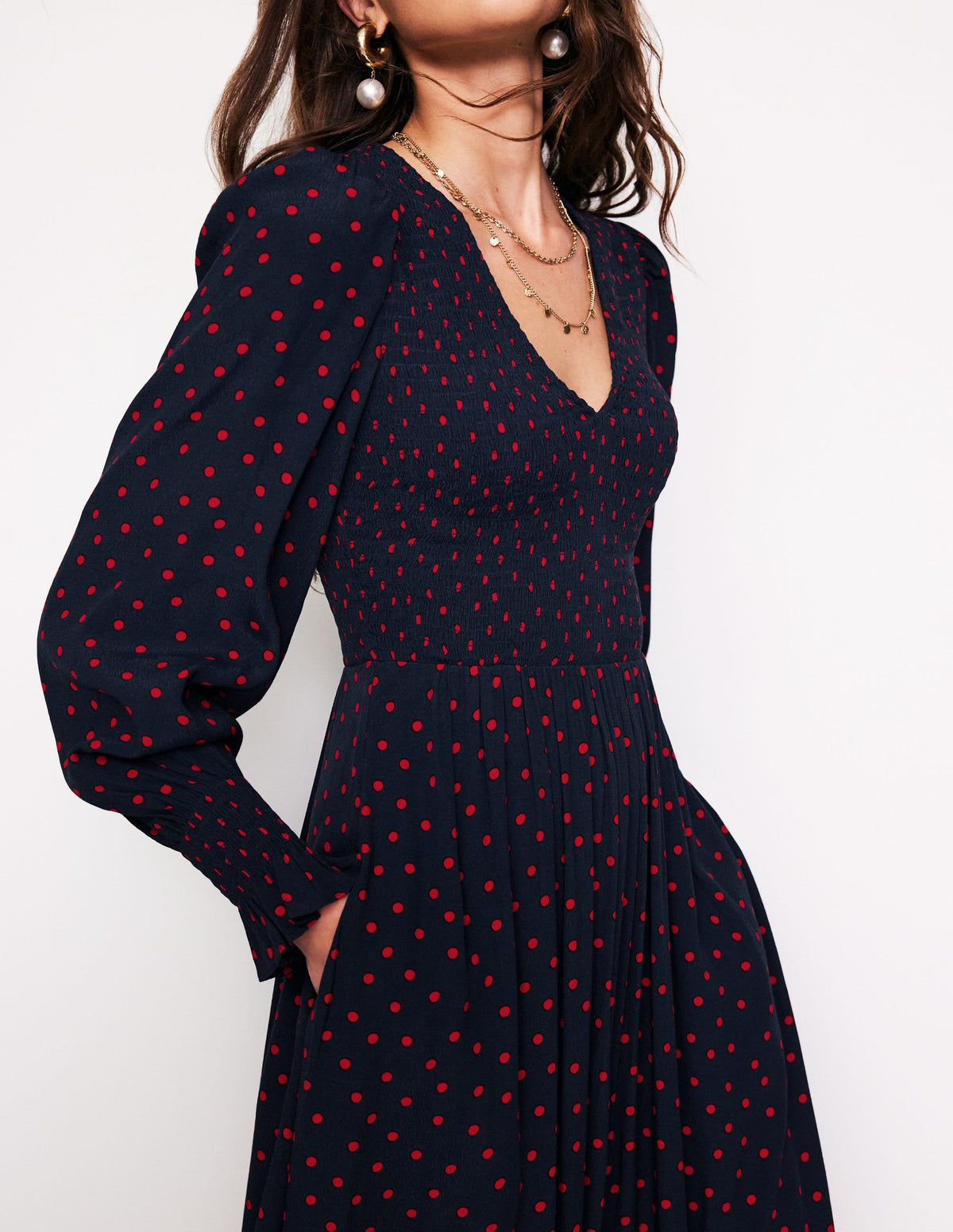 Gemma Smocked Midi Dress-High Risk Red, Abstract Dot - Image 2
