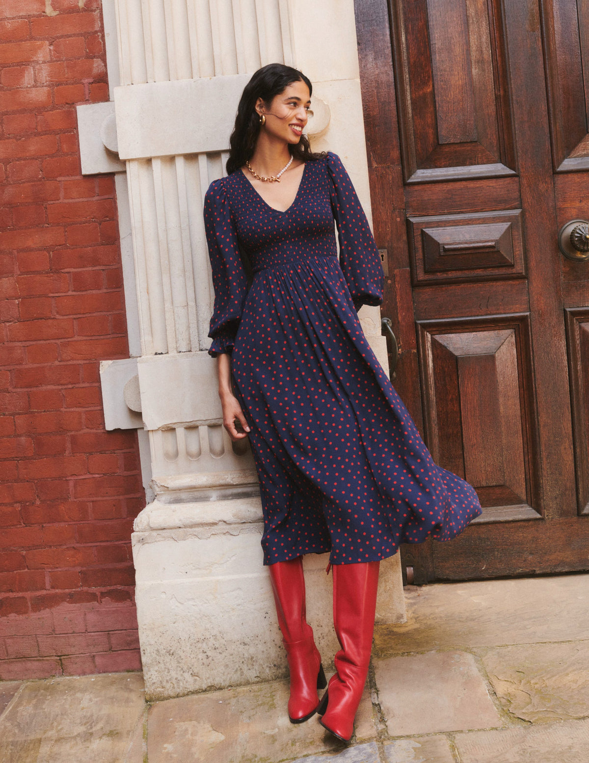 Gemma Smocked Midi Dress-High Risk Red, Abstract Dot - Image 5