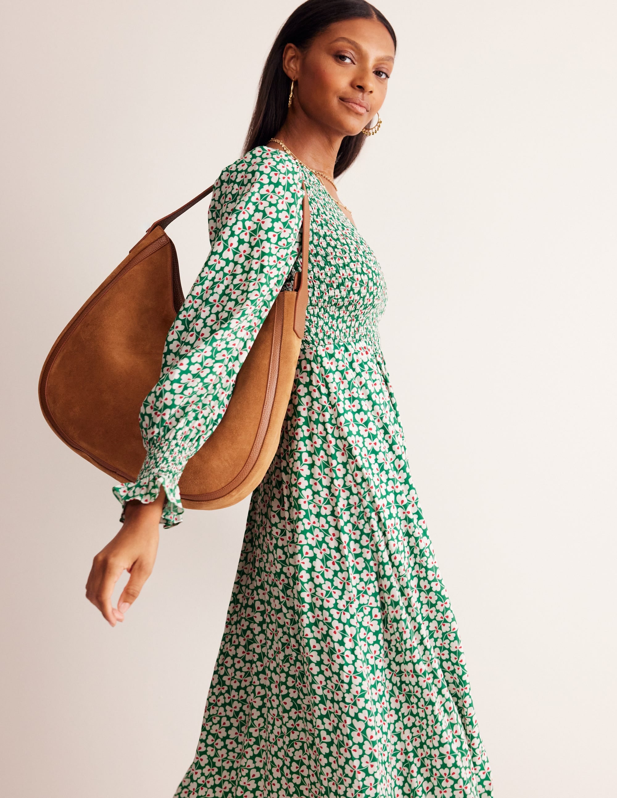 Gemma Smocked Midi Dress-Green Tambourine, Clover Whirl - Image 1