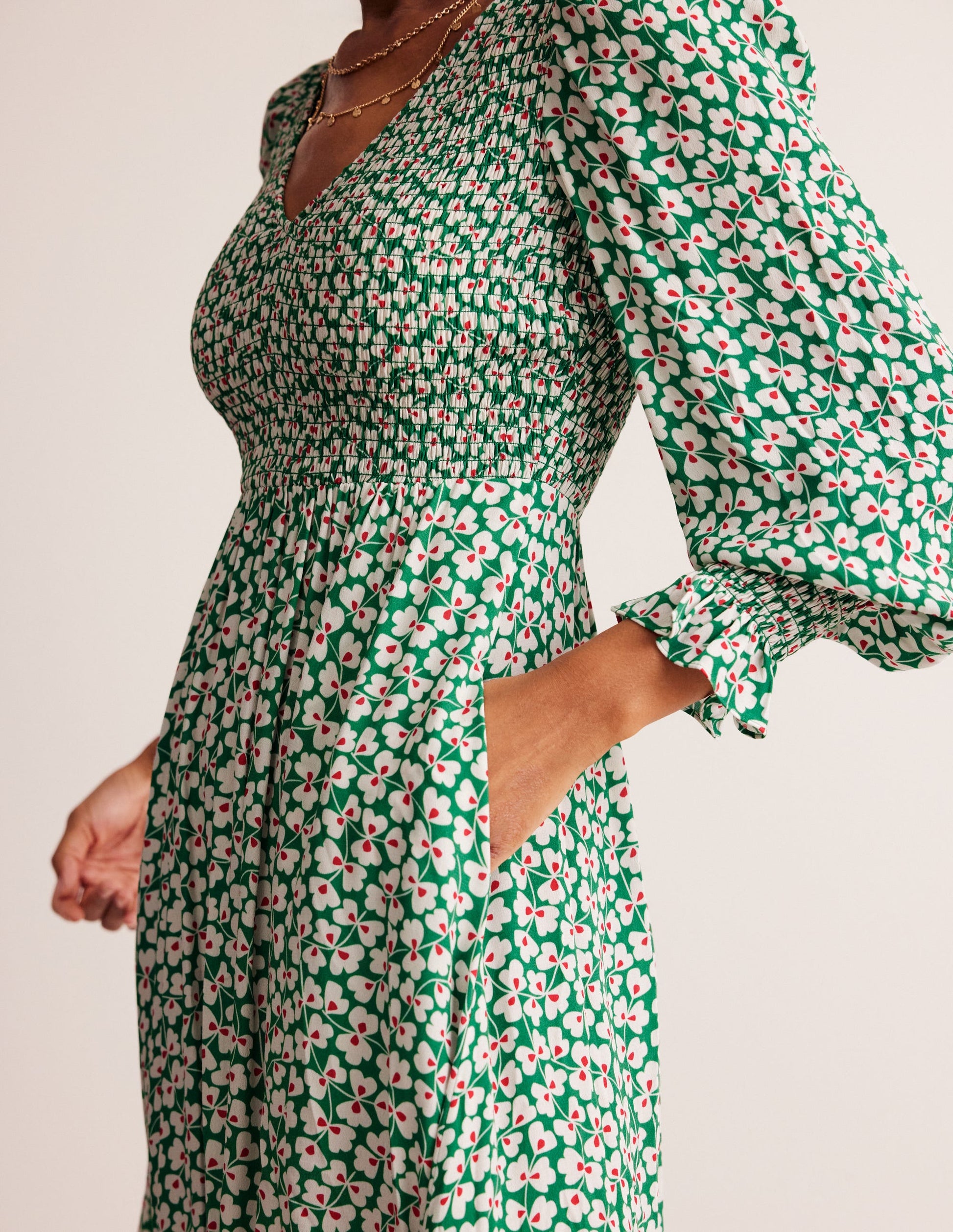 Gemma Smocked Midi Dress-Green Tambourine, Clover Whirl-2