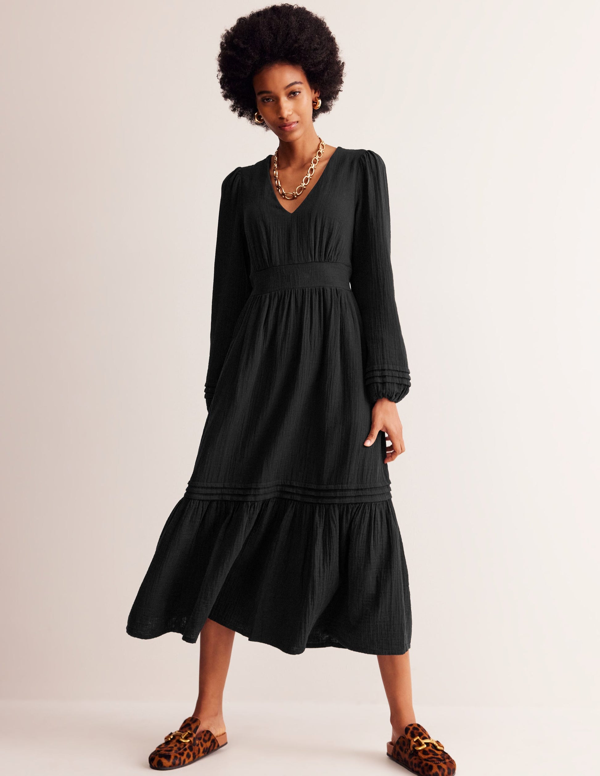 Eve Sleeved Double Cloth Dress-Black-2