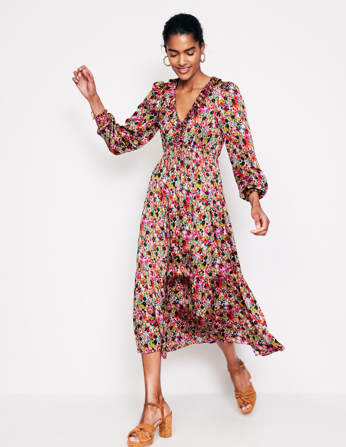 Shirred Ruffle Midi Dress-Multi, Meadow Pop - Image 1