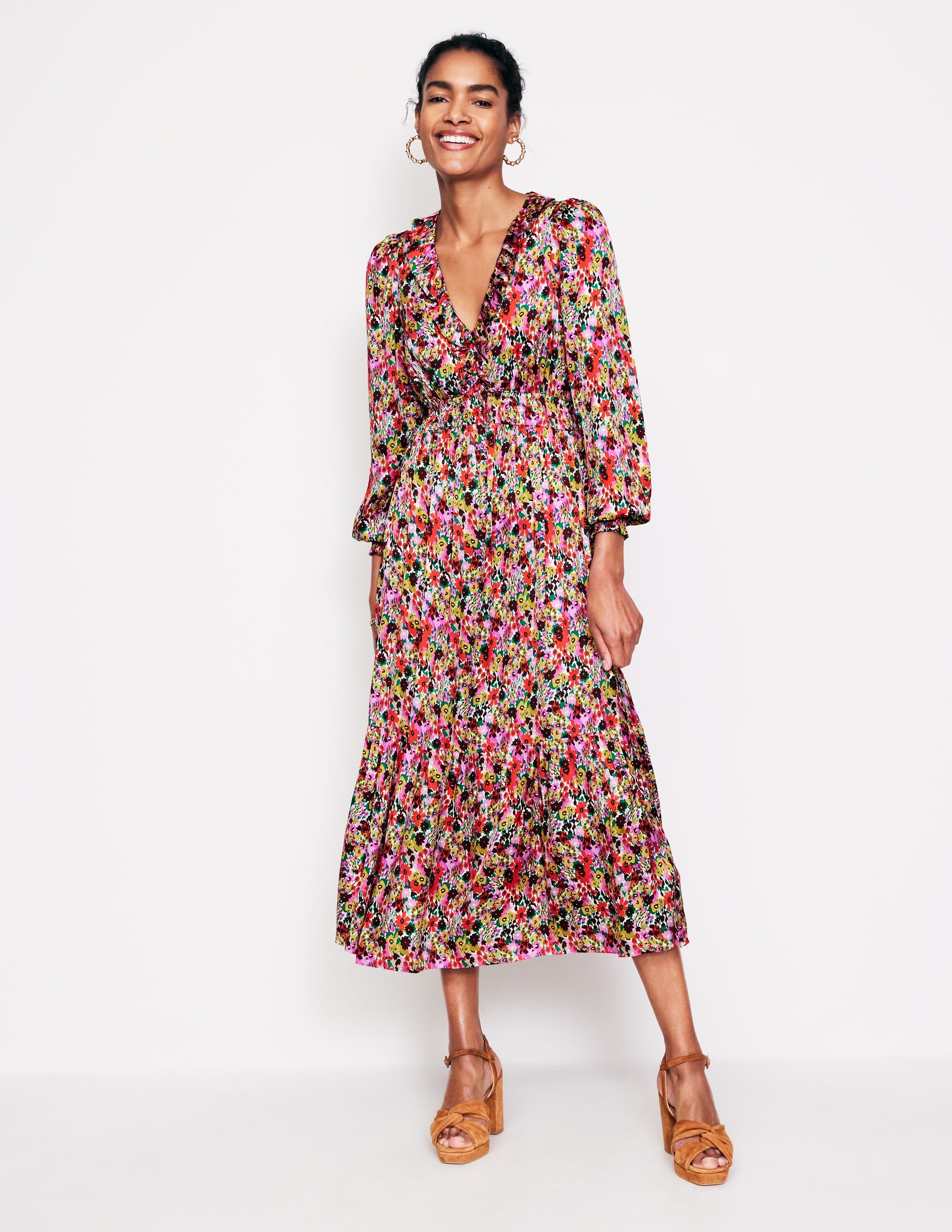 Shirred Ruffle Midi Dress-Multi, Meadow Pop - Image 4