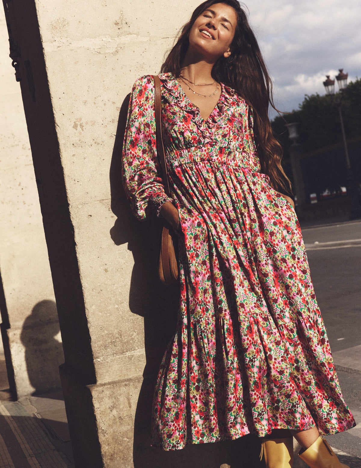 Shirred Ruffle Midi Dress-Multi, Meadow Pop - Image 5