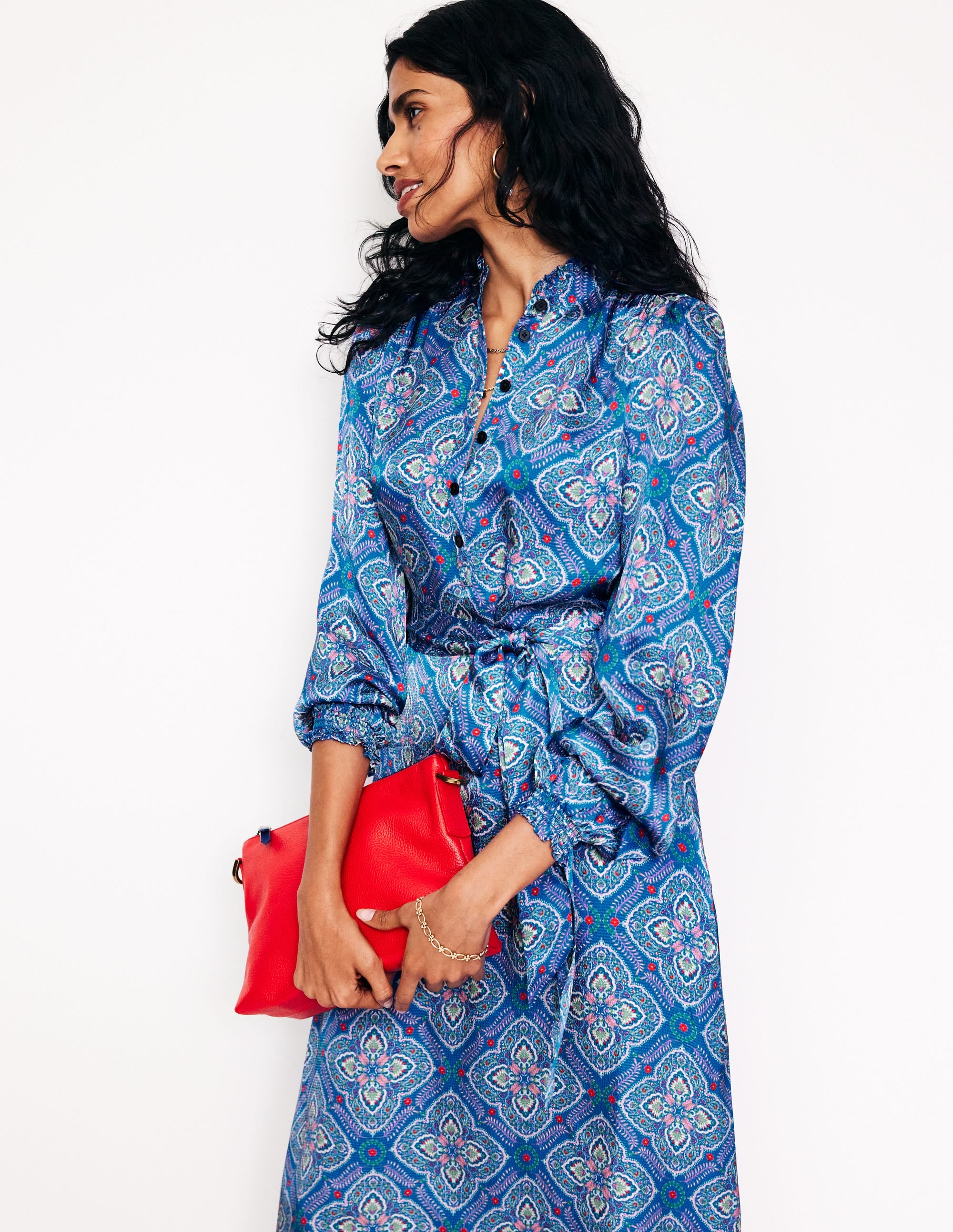 Jasmine Satin Midi Dress-Directoire Blue, Ornate Mosaic - Image 1