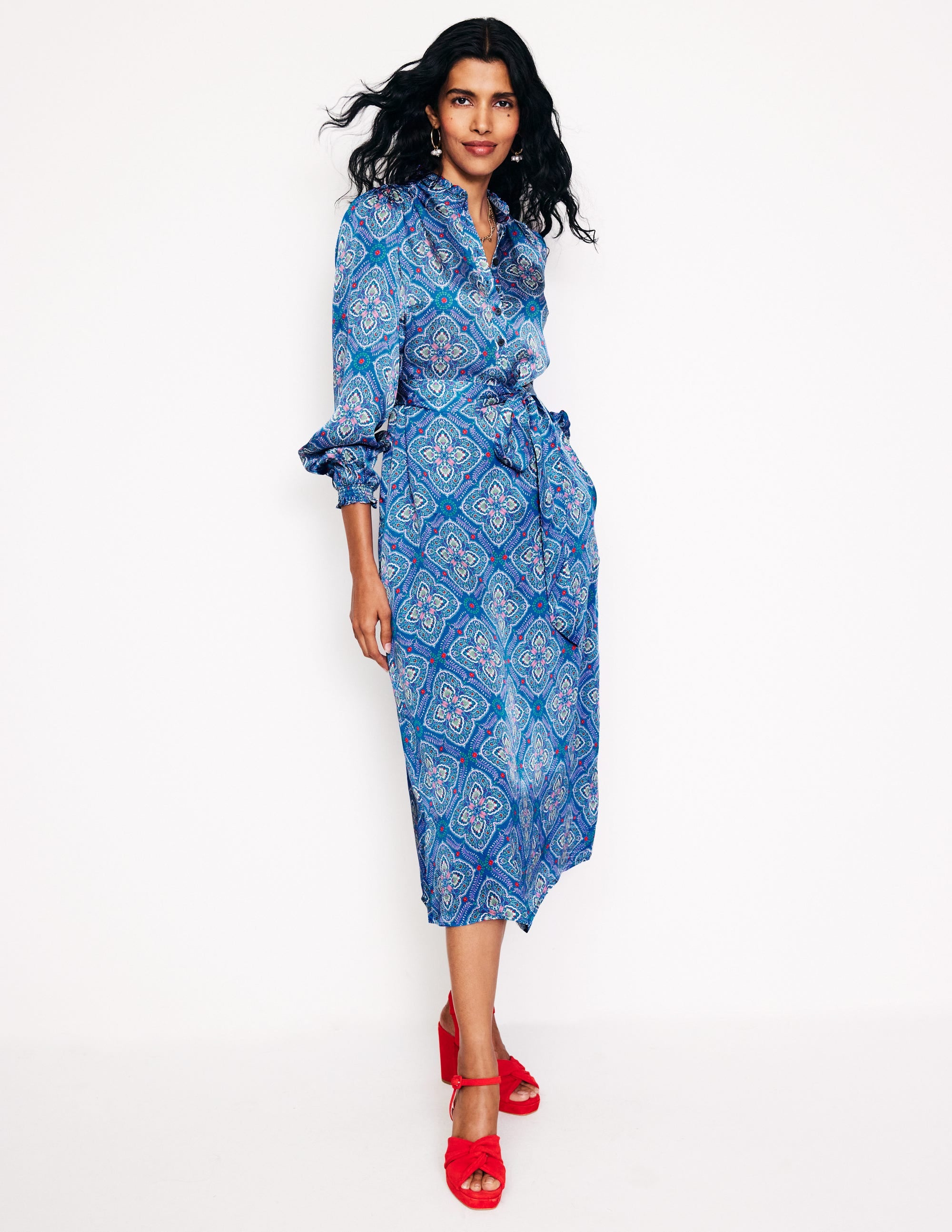 Jasmine Satin Midi Dress-Directoire Blue, Ornate Mosaic - Image 2
