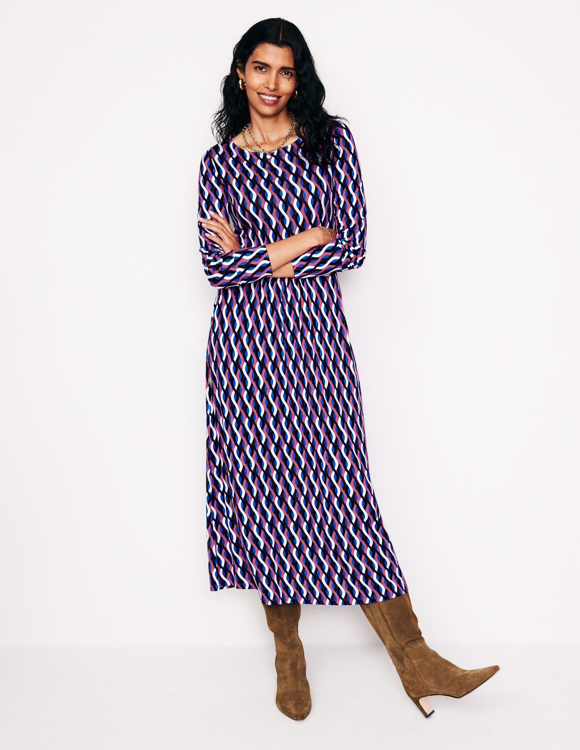 Amelie Long Sleeve Midi Dress-Kingfisher Blue, Trellis Wave - Image 1