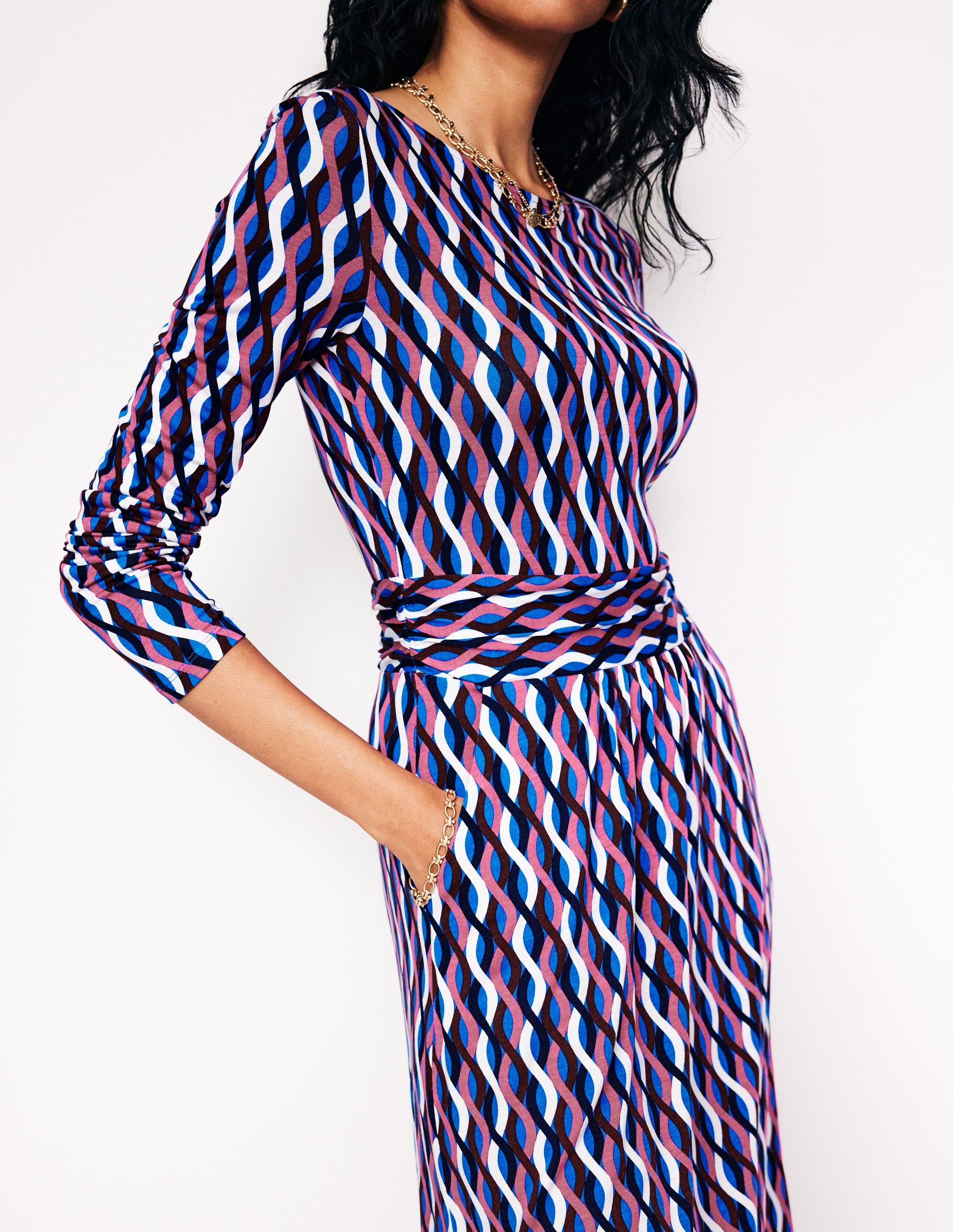 Amelie Long Sleeve Midi Dress-Kingfisher Blue, Trellis Wave - Image 2