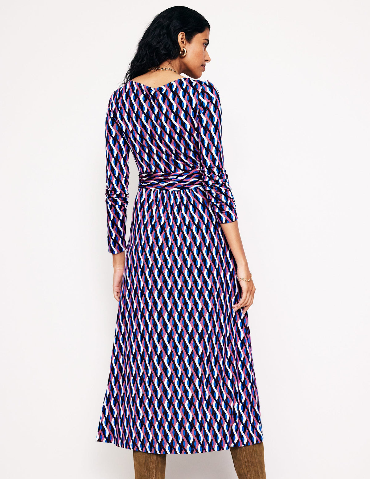 Amelie Long Sleeve Midi Dress-Kingfisher Blue, Trellis Wave - Image 3