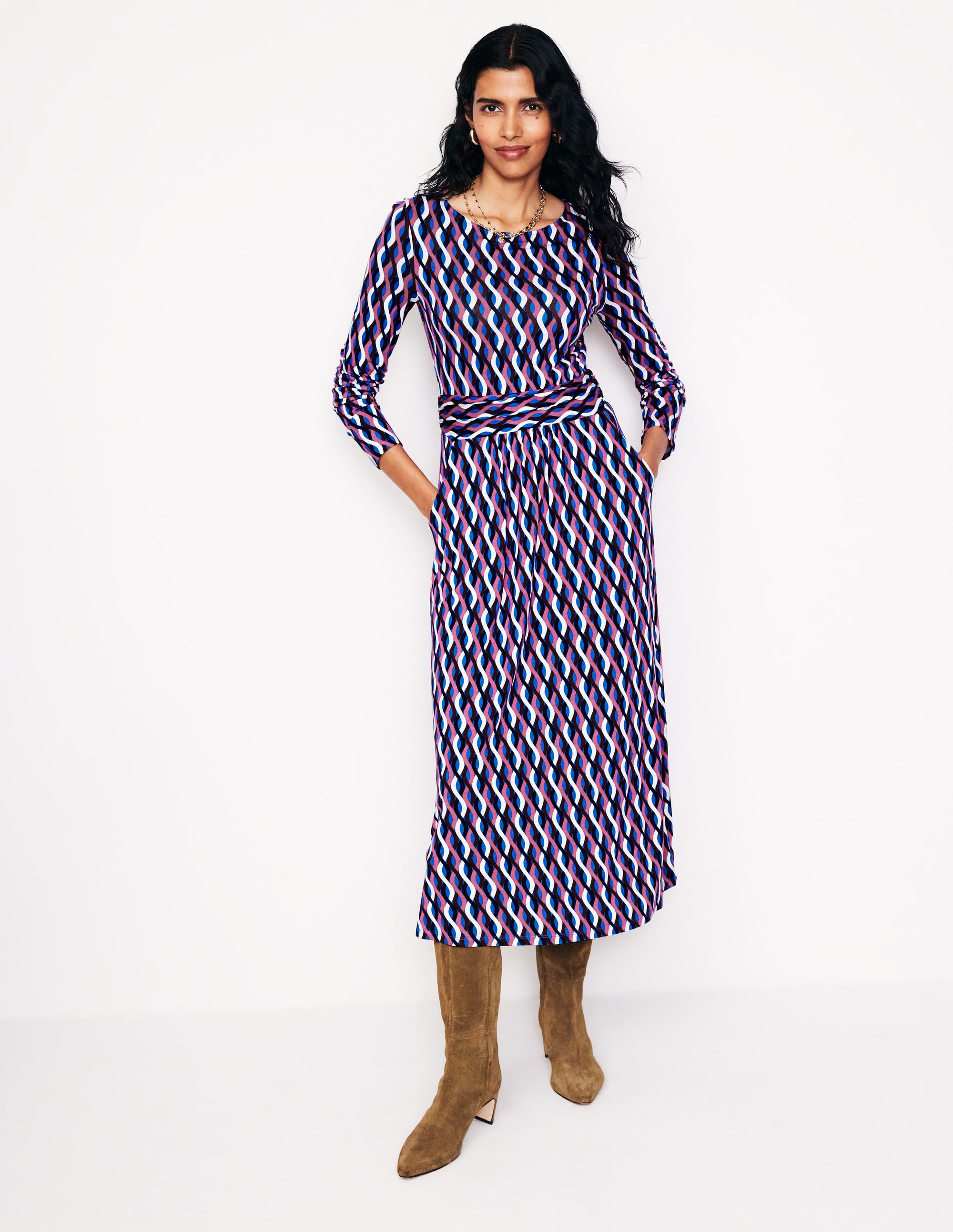 Amelie Long Sleeve Midi Dress-Kingfisher Blue, Trellis Wave - Image 4