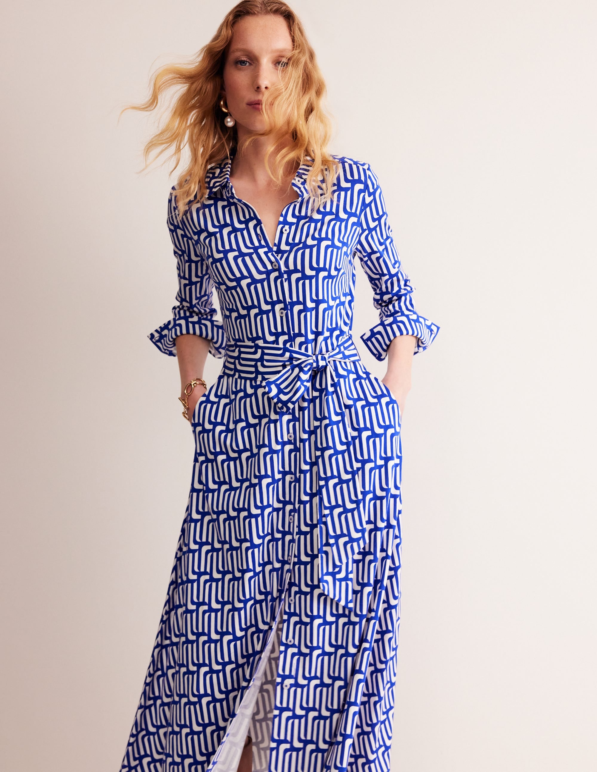 Marcia Jersey Shirt Dress-Sapphire Blue, Falling Geo - Image 1