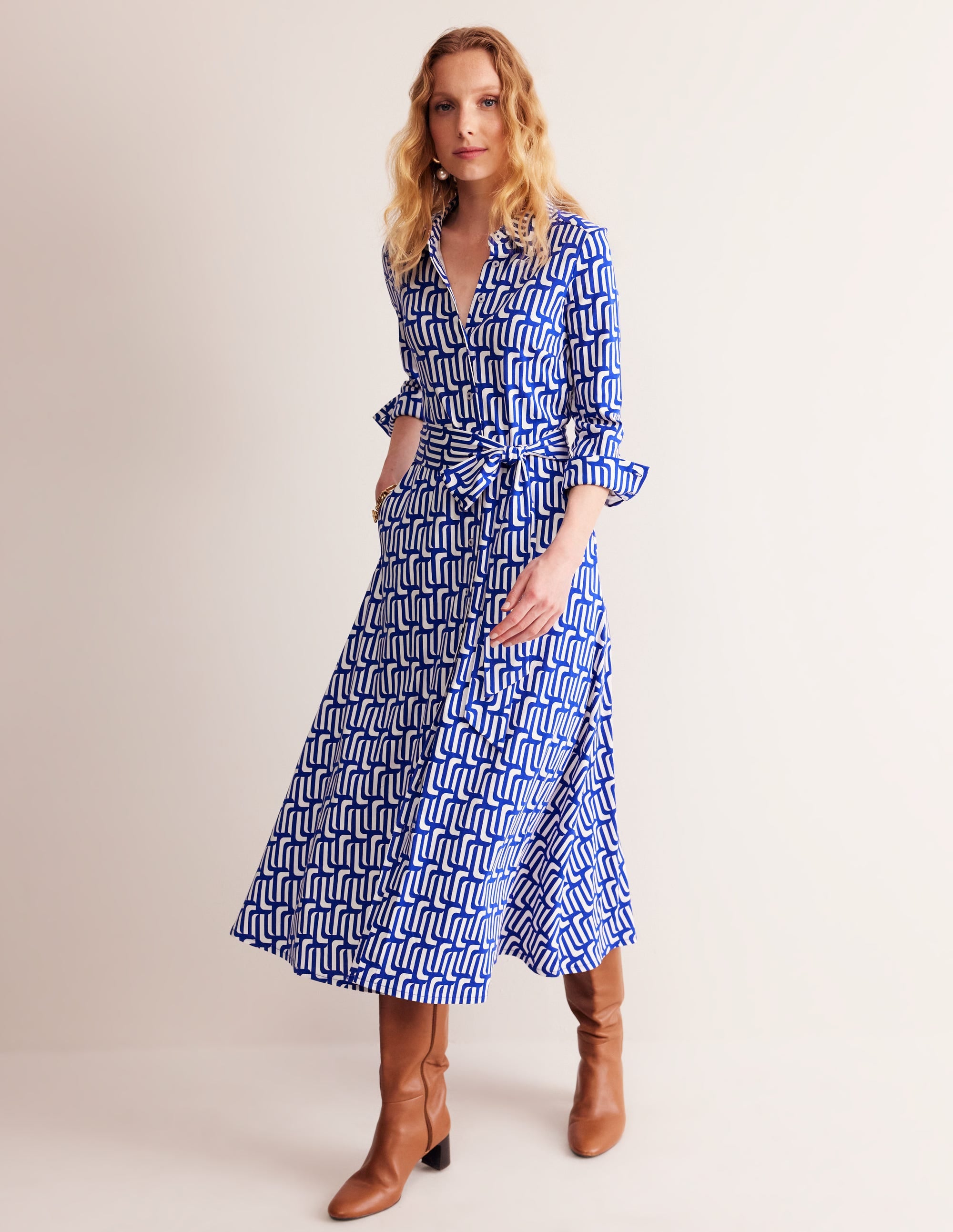 Marcia Jersey Shirt Dress-Sapphire Blue, Falling Geo - Image 2