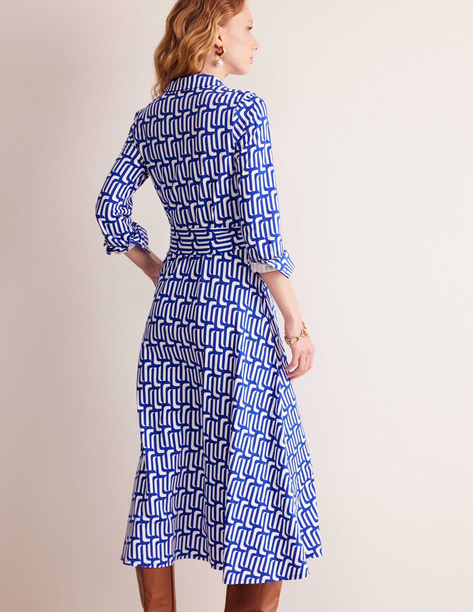 Marcia Jersey Shirt Dress-Sapphire Blue, Falling Geo - Image 3