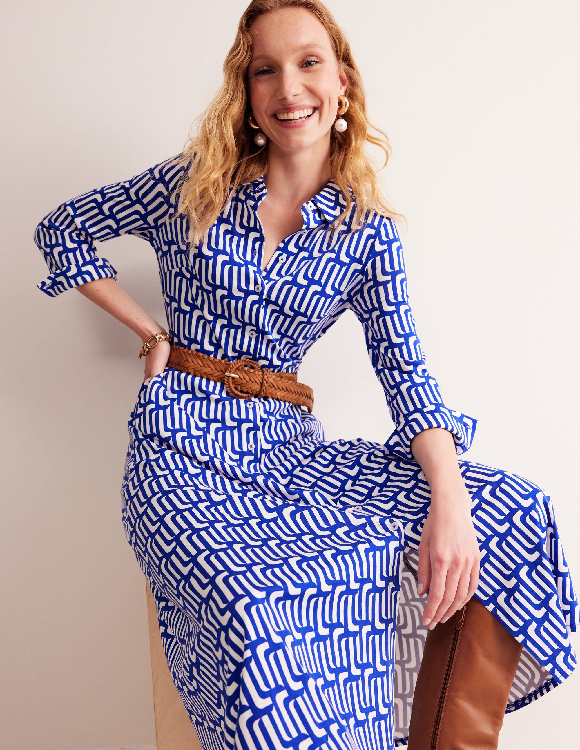 Marcia Jersey Shirt Dress-Sapphire Blue, Falling Geo - Image 4