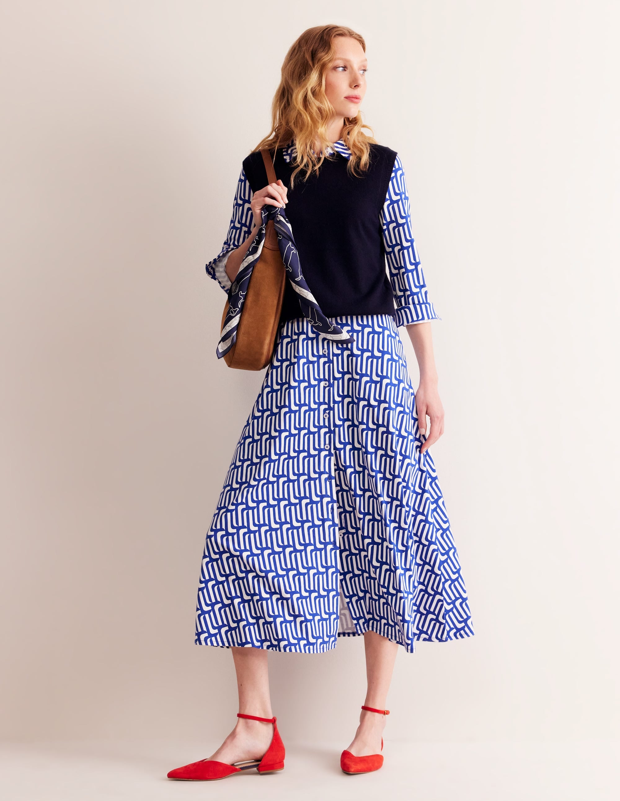 Marcia Jersey Shirt Dress-Sapphire Blue, Falling Geo - Image 5