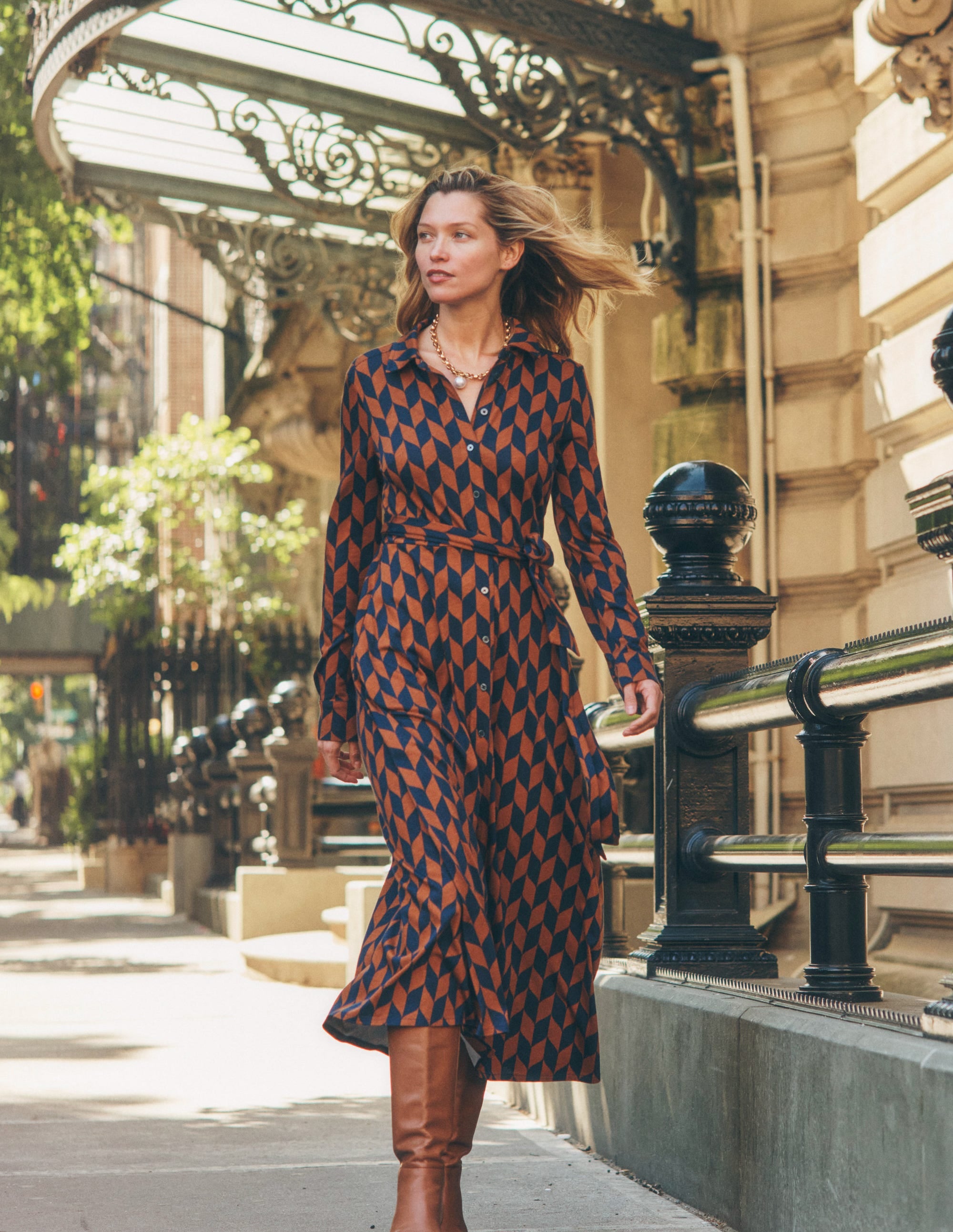 Marcia Jersey Midi Shirt Dress-Cognac, Chevron Swirl - Image 6