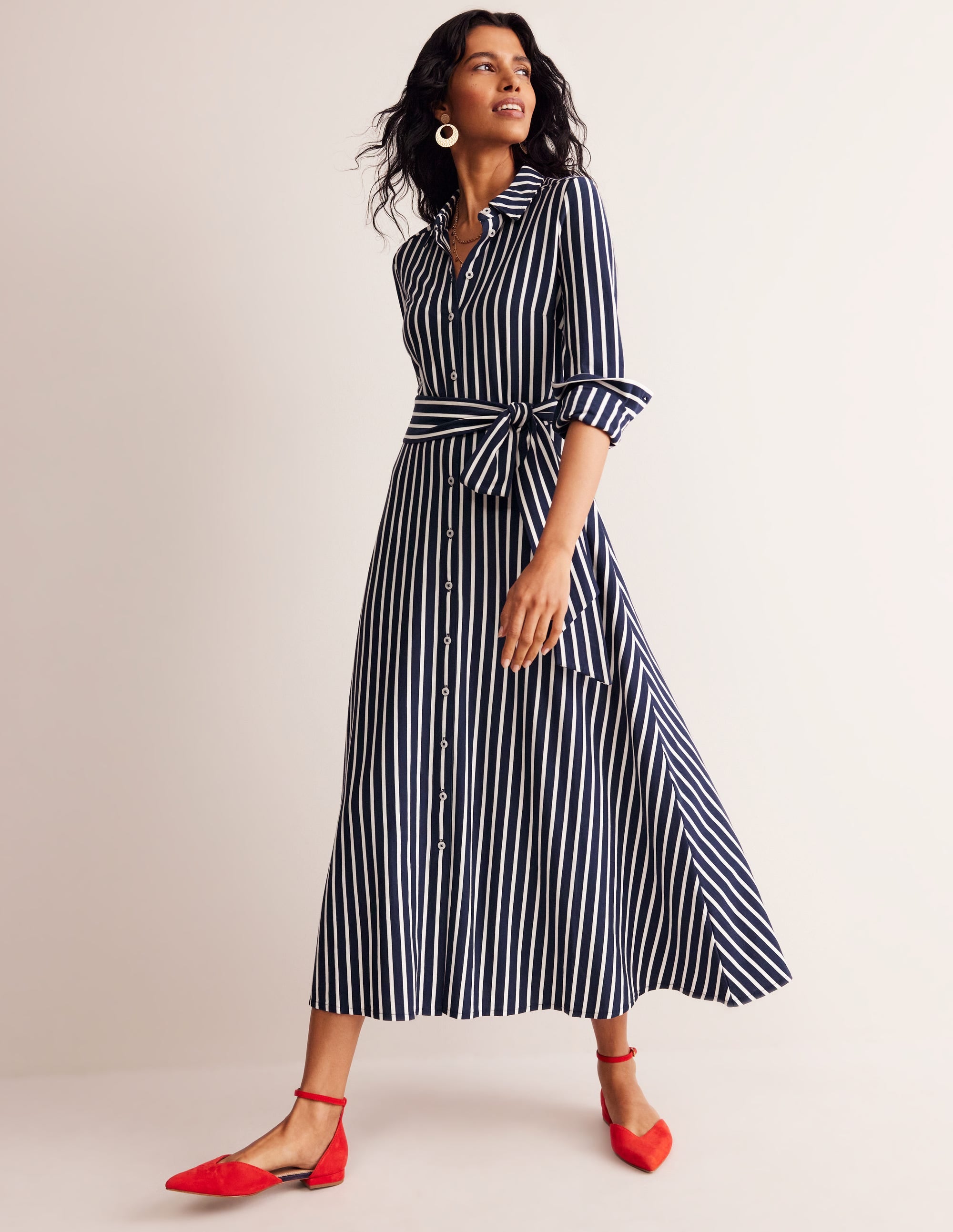 Marcia Jersey Shirt Dress-Navy, Ivory Stripe - Image 1