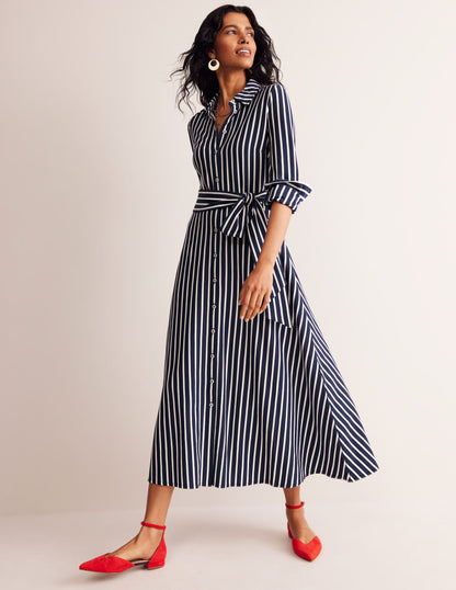 Marcia Jersey Shirt Dress-Navy, Ivory Stripe-1