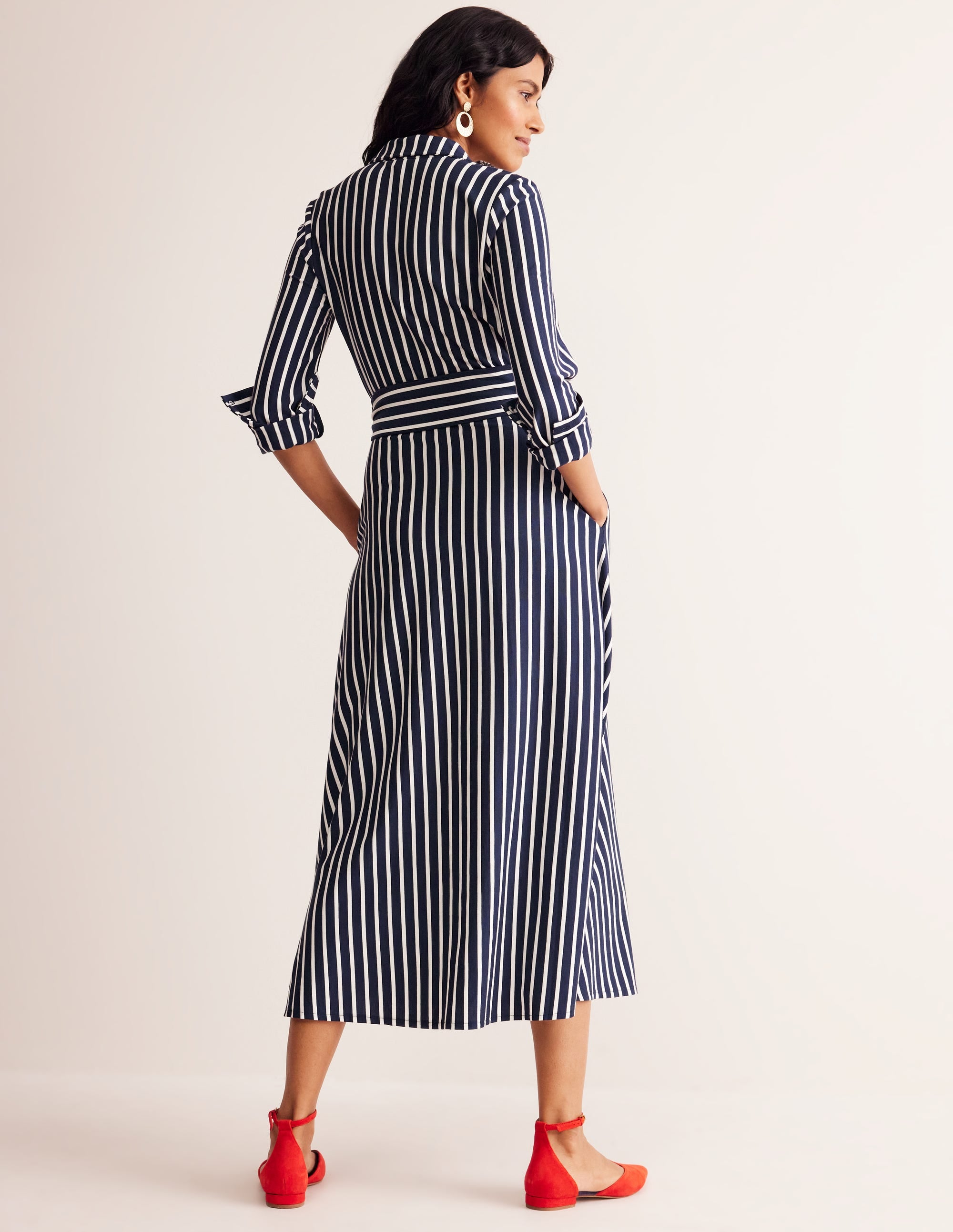 Marcia Jersey Shirt Dress-Navy, Ivory Stripe - Image 3