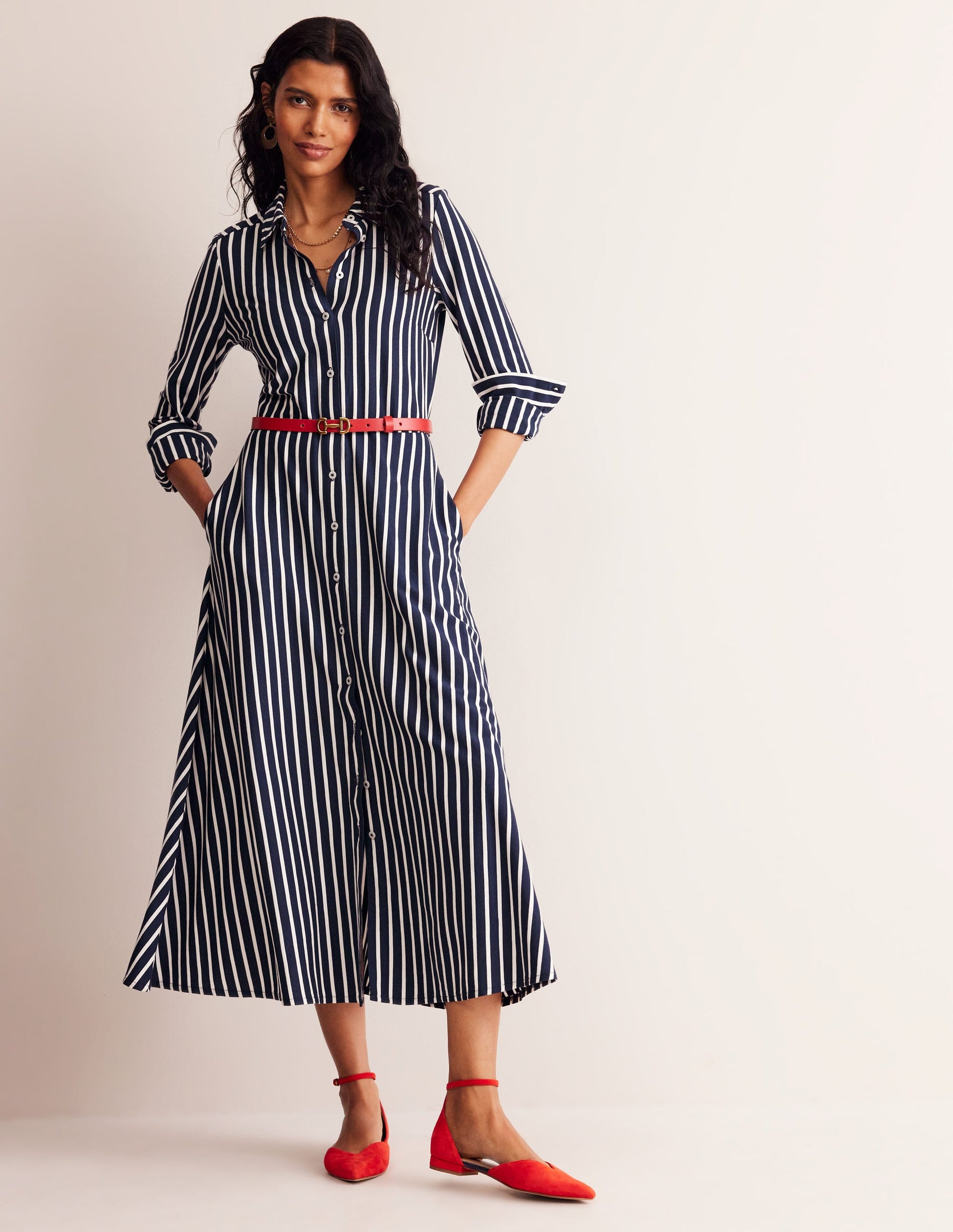 Marcia Jersey Shirt Dress-Navy, Ivory Stripe-4