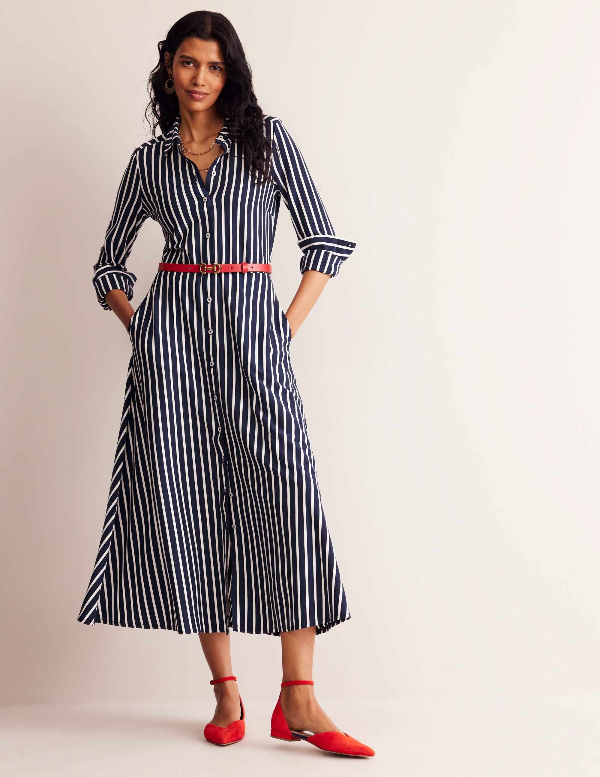 Marcia Jersey Shirt Dress-Navy, Ivory Stripe - Image 4