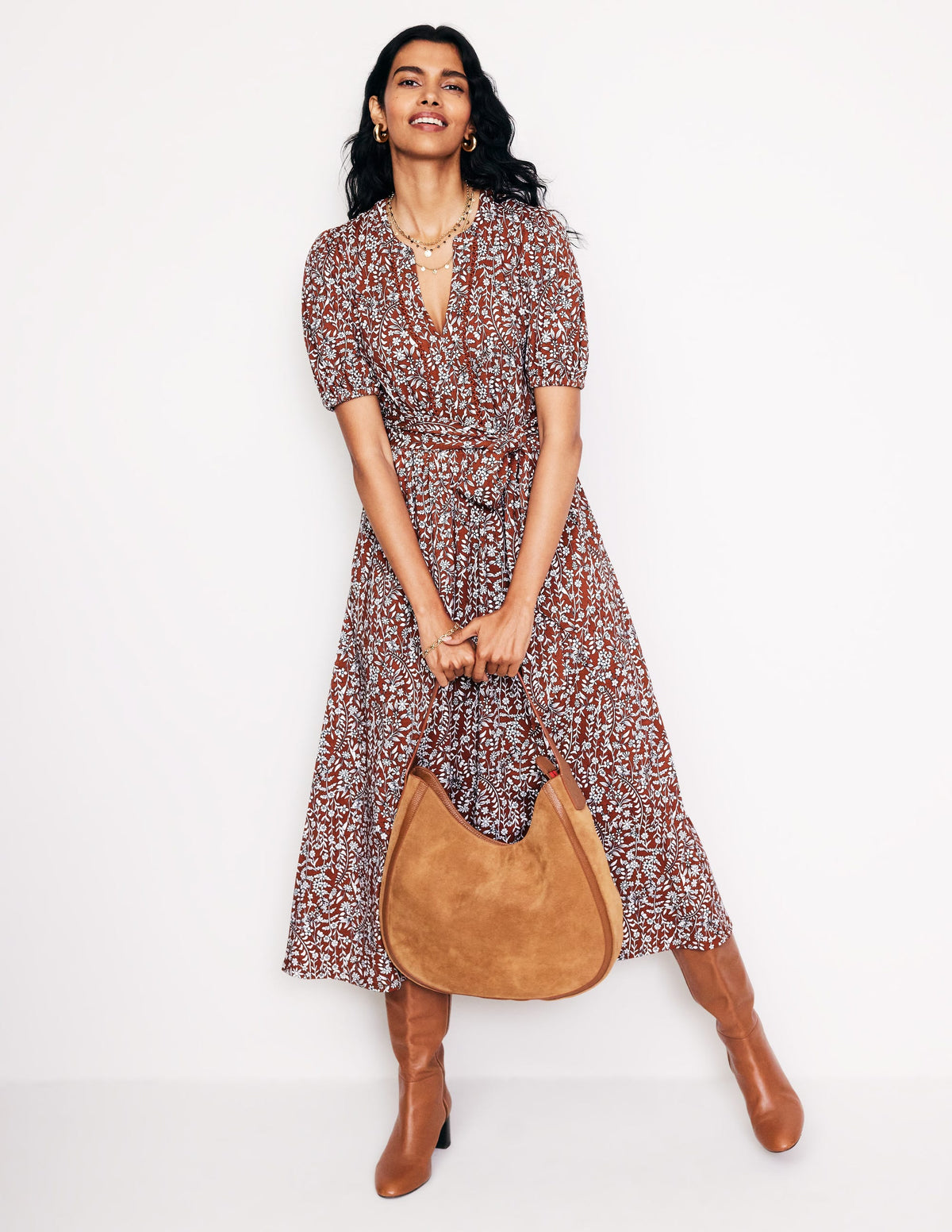 Sofia Trim Jersey Midi Dress-Autumn Brown, Foliage Bud-1