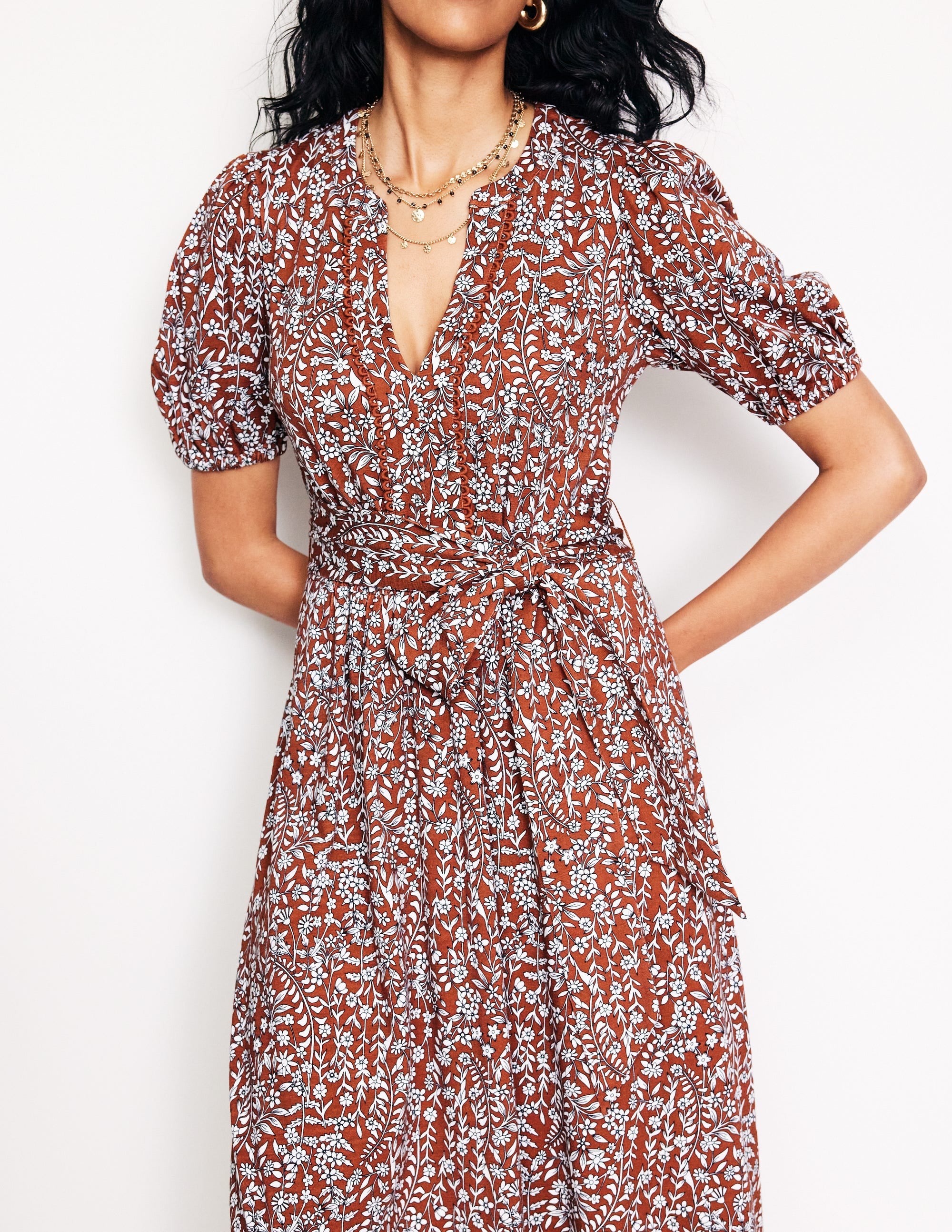 Sofia Trim Jersey Midi Dress-Autumn Brown, Foliage Bud - Image 2