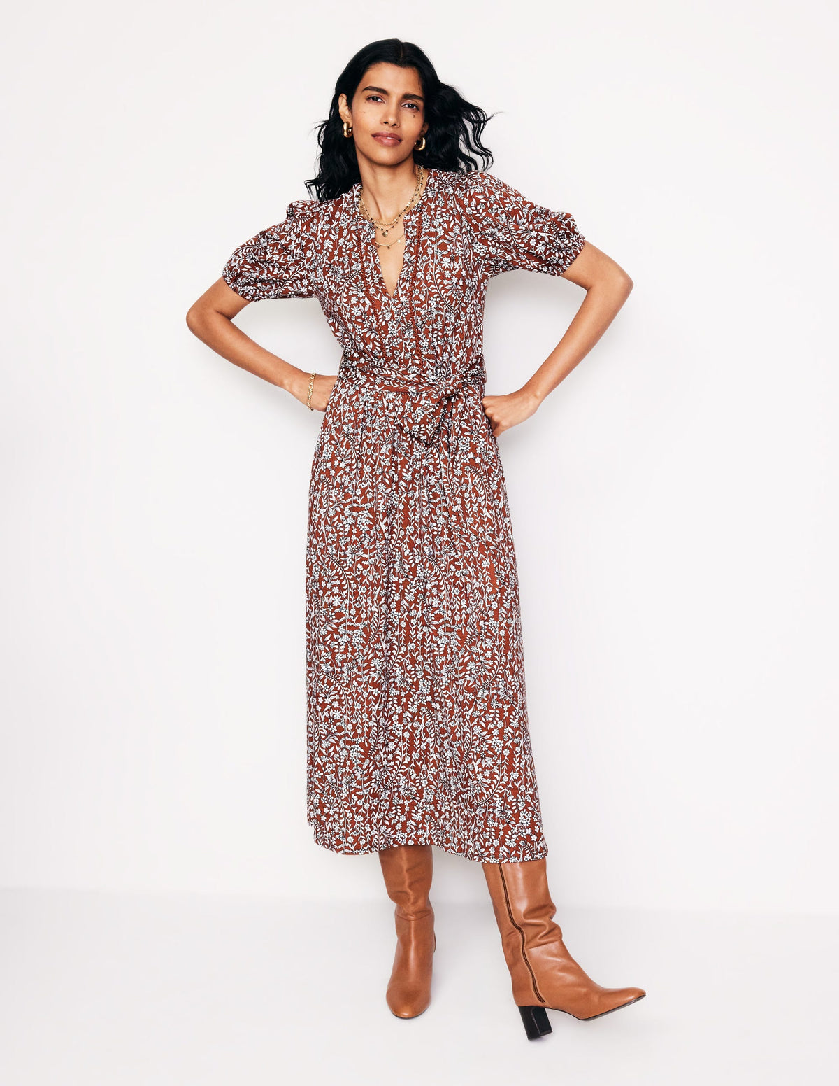 Sofia Trim Jersey Midi Dress-Autumn Brown, Foliage Bud-4