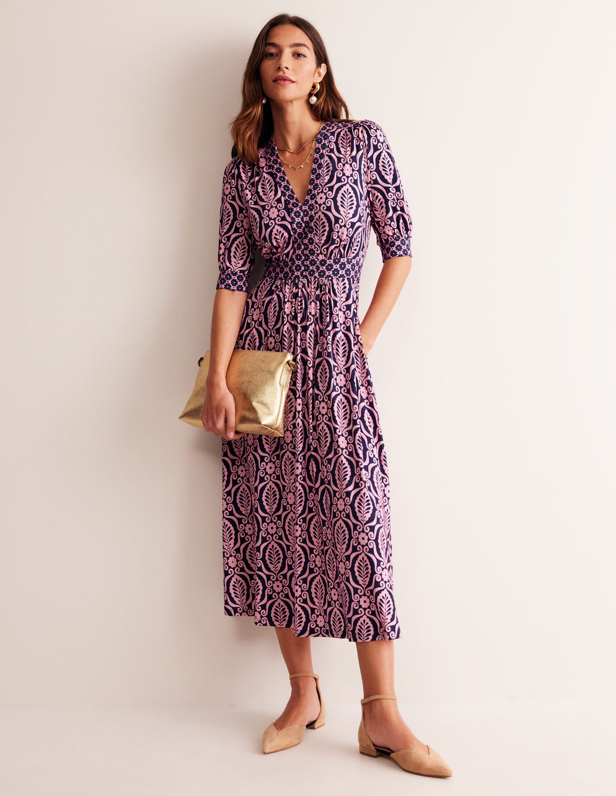Lily Jersey Midi Tea Dress-Old Rose, Foliage Stamp - Image 1