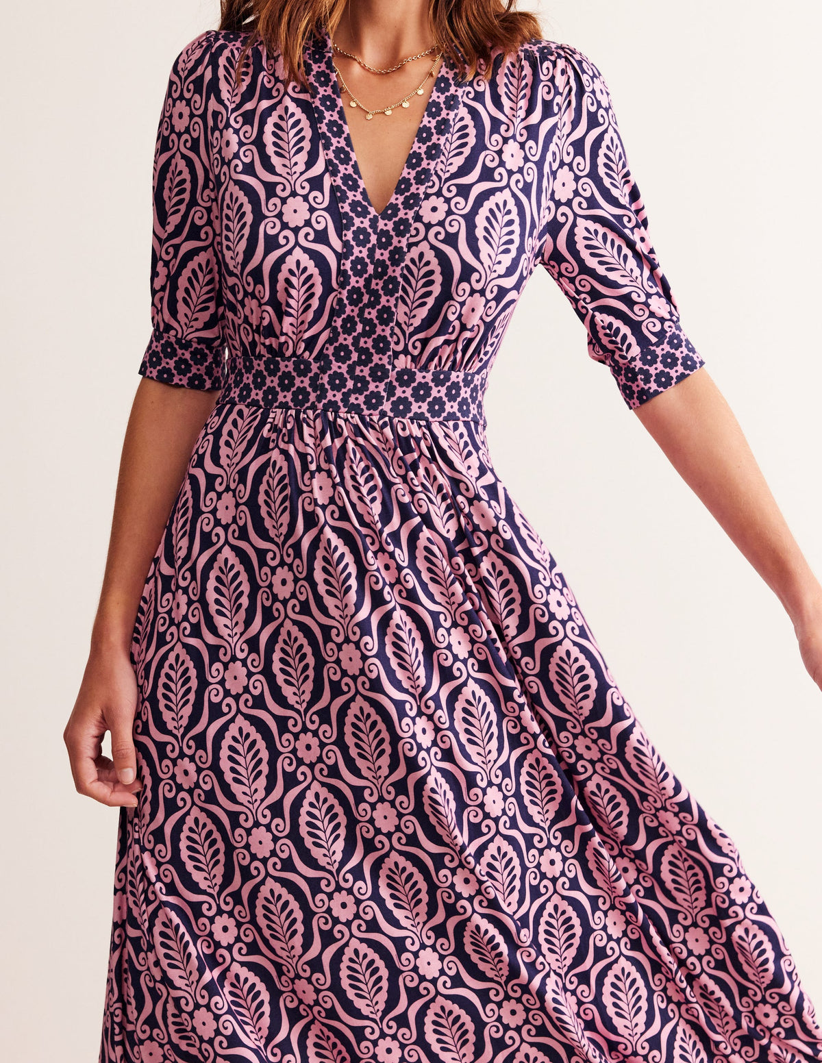 Lily Jersey Midi Tea Dress-Old Rose, Foliage Stamp - Image 2
