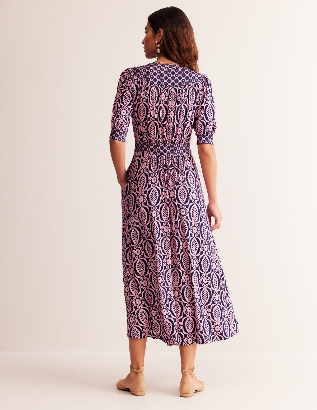 Lily Jersey Midi Tea Dress-Old Rose, Foliage Stamp - Image 3