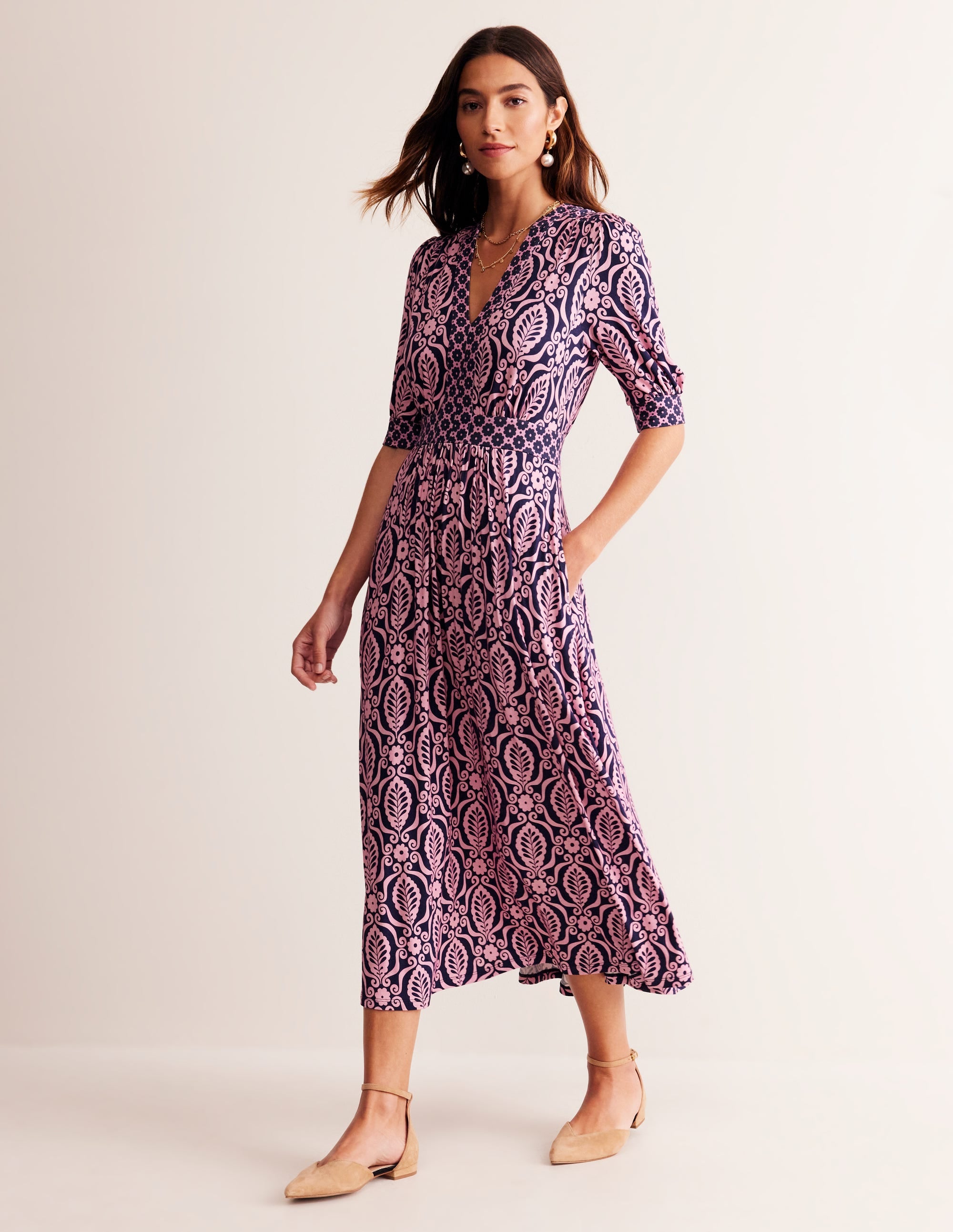 Lily Jersey Midi Tea Dress-Old Rose, Foliage Stamp - Image 4