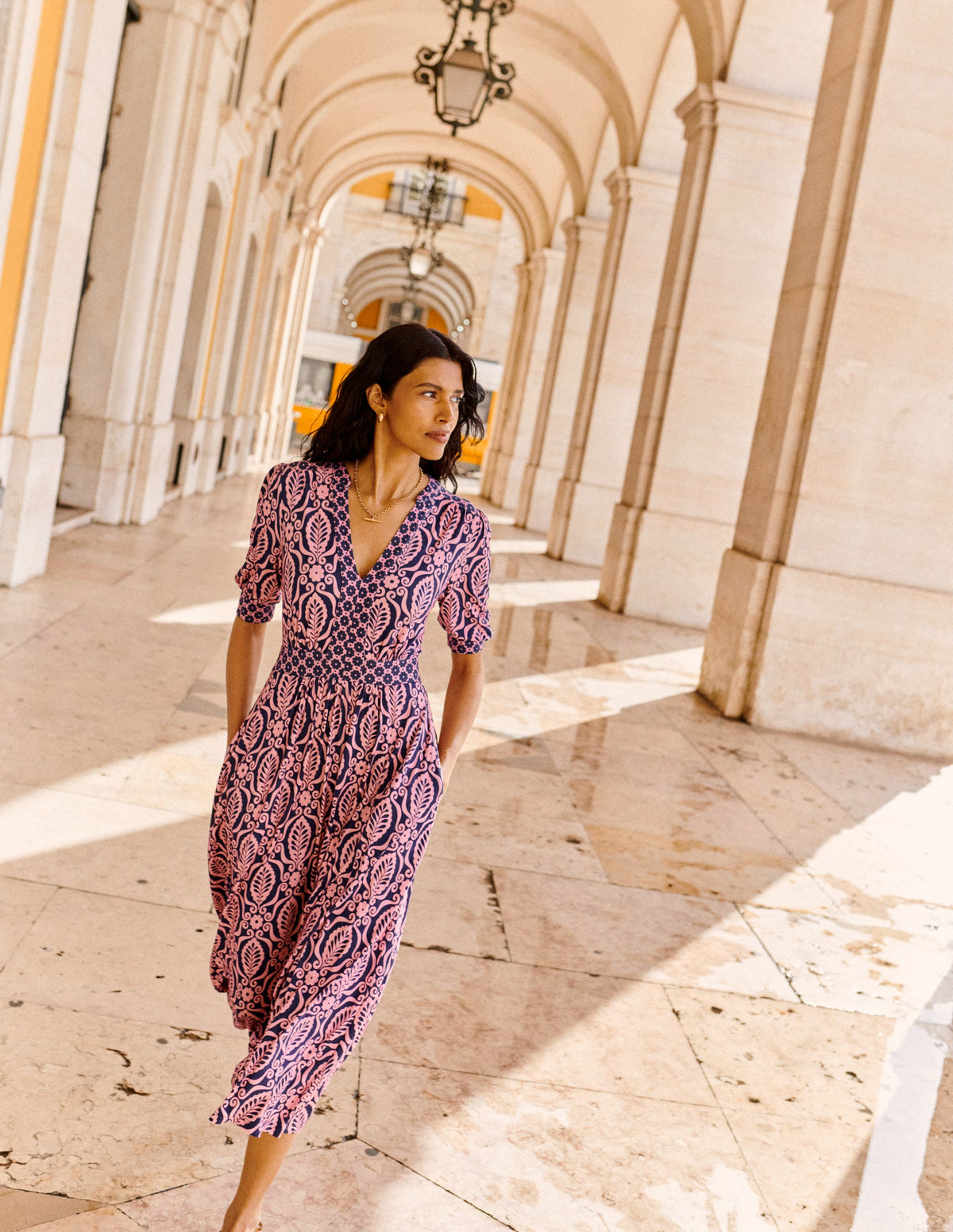 Lily Jersey Midi Tea Dress-Old Rose, Foliage Stamp - Image 5