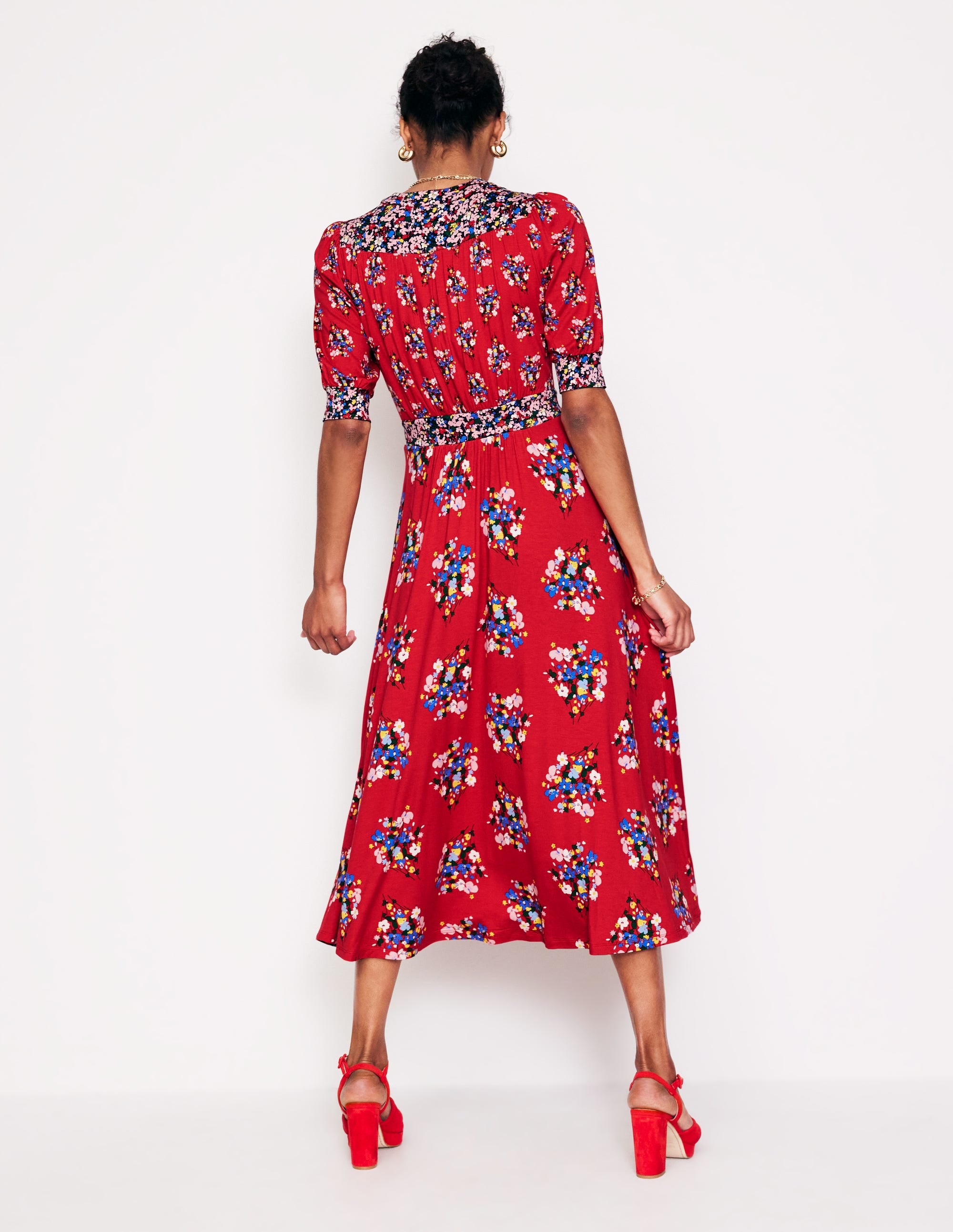 Lily Jersey Midi Tea Dress-Bright Ruby, Poppy Bouquet - Image 3
