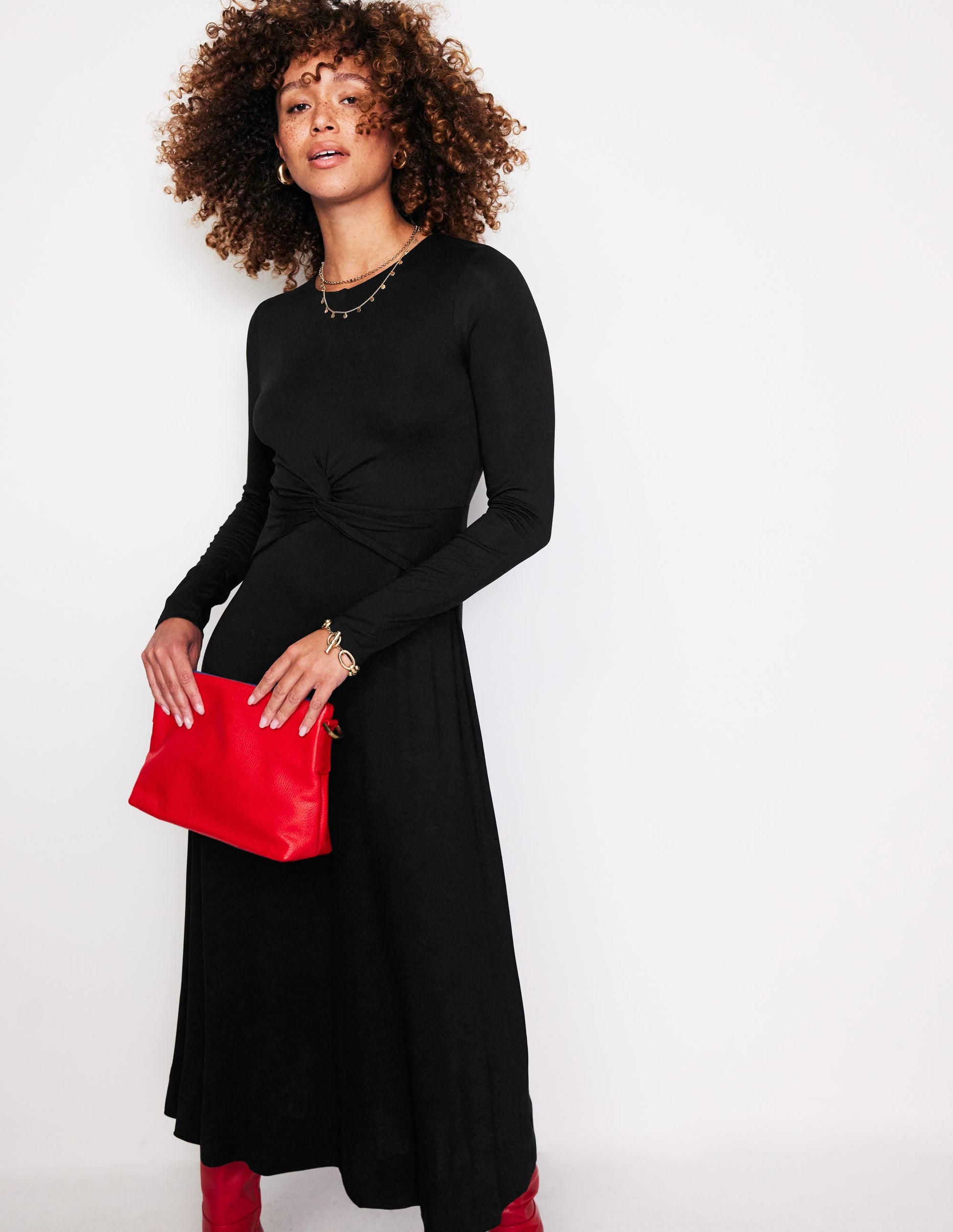 Twisted Waist Jersey Dress-Black-1