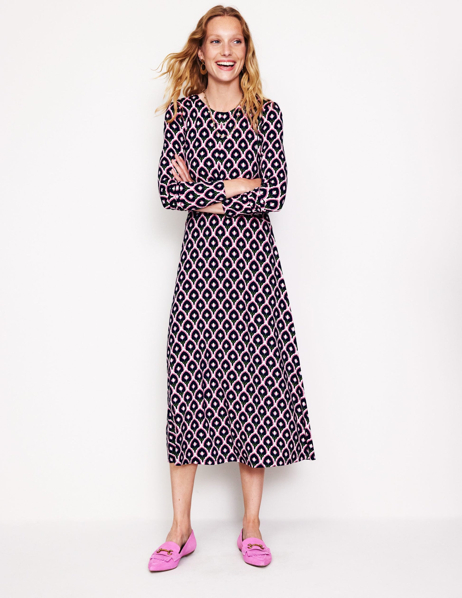 Twisted Waist Jersey Dress-Navy, Tulip Scallop-1